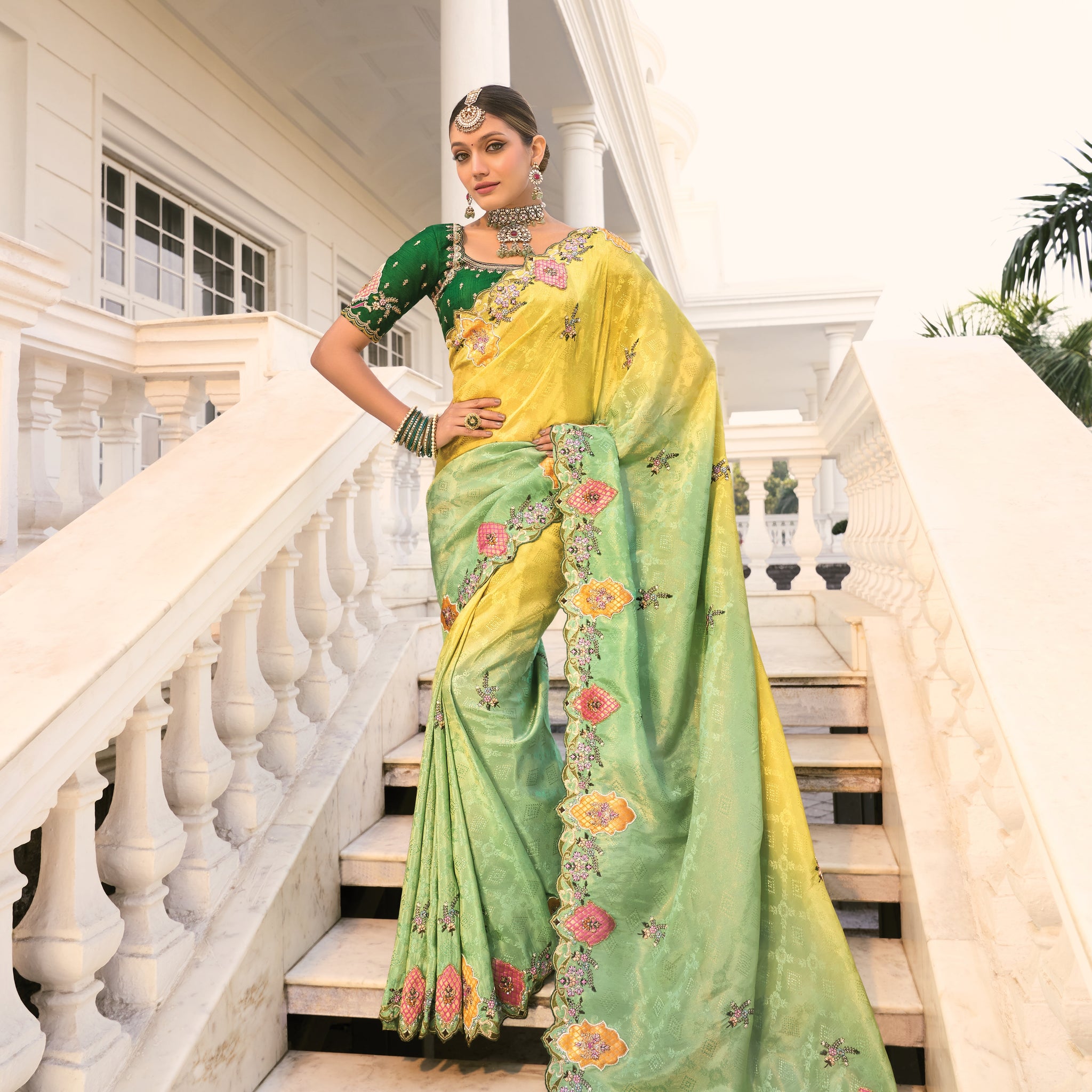 Lime Green Floral Embroidered Designer Saree