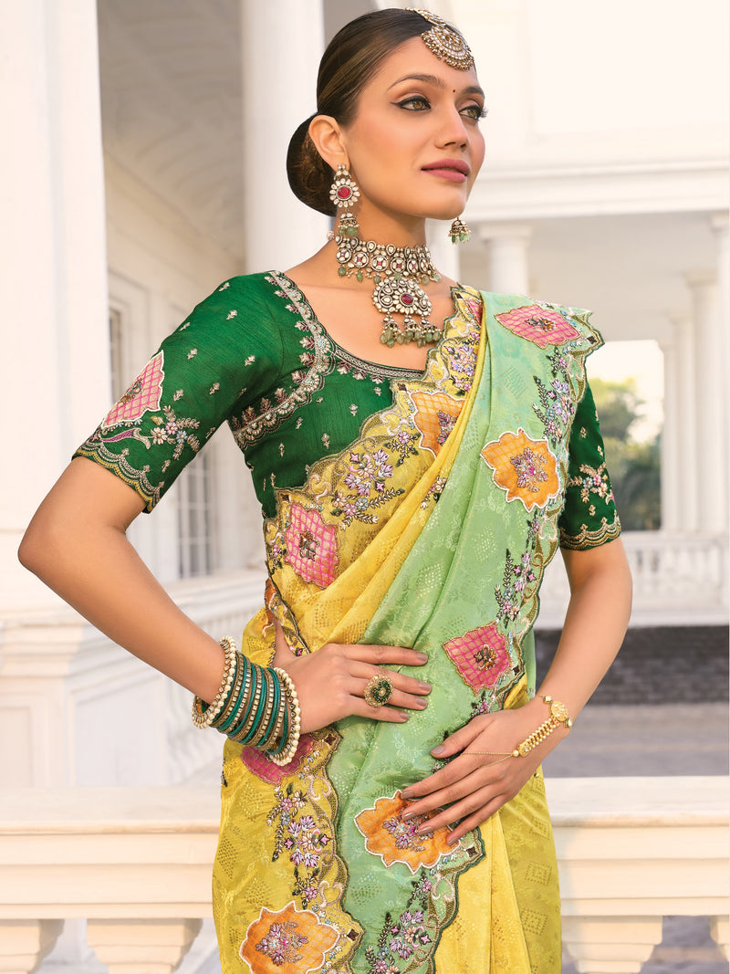 Lime Green Floral Embroidered Designer Saree