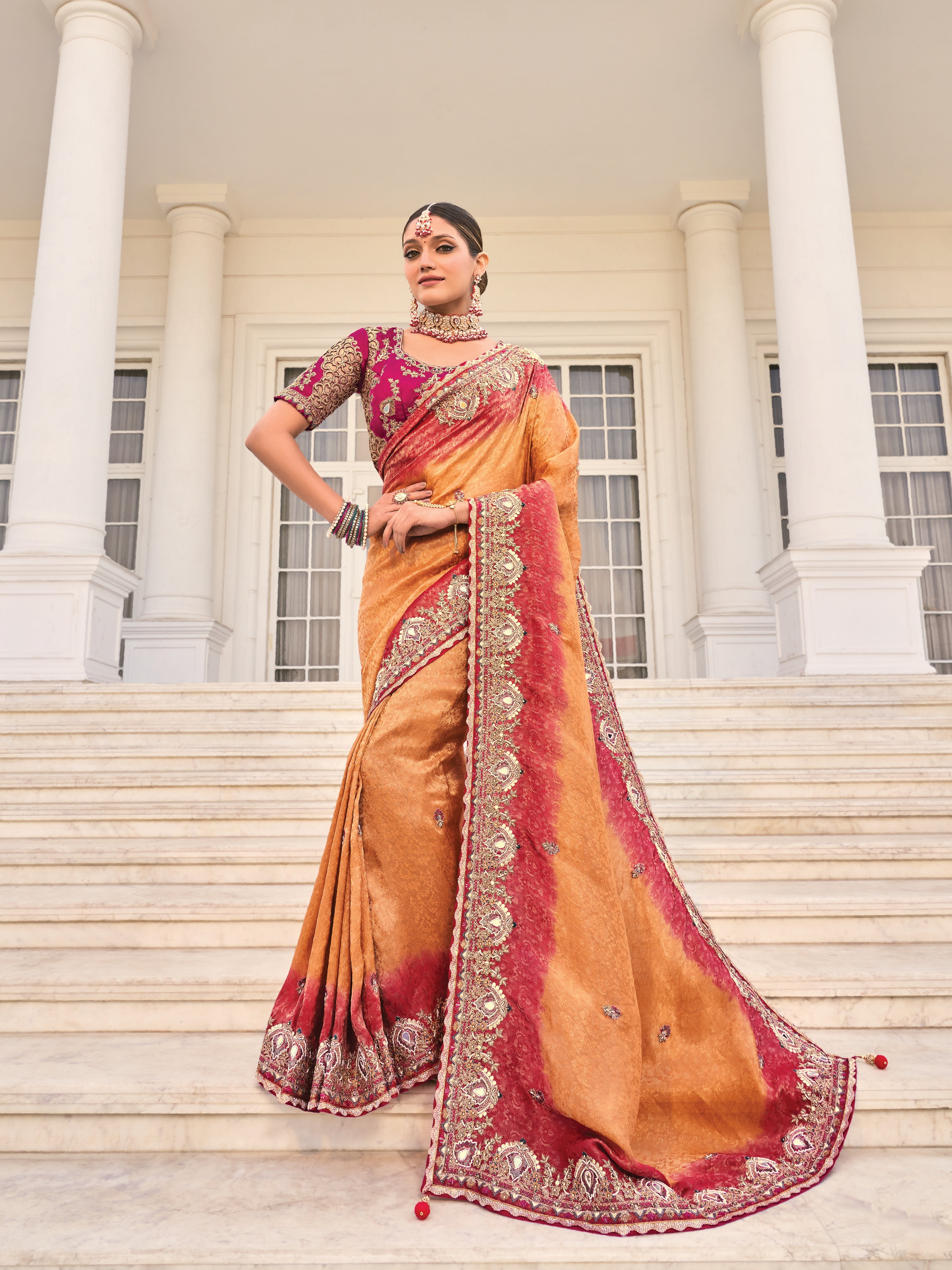 Rust Orange Heavy Bridal Saree with Zari Mirror & Sequin Work
