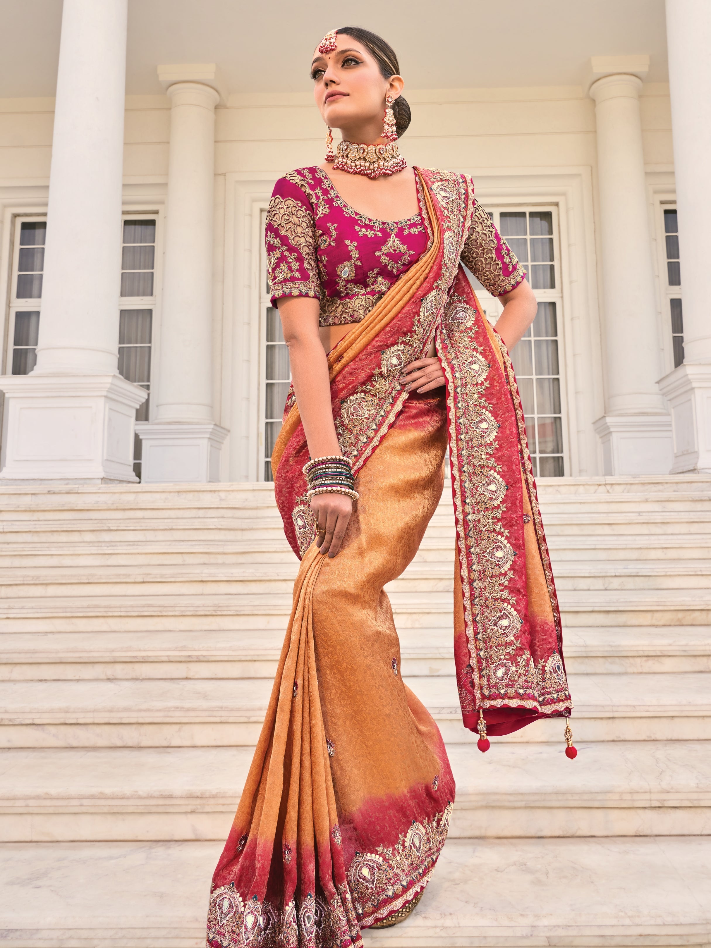Rust Orange Heavy Bridal Saree with Zari Mirror & Sequin Work