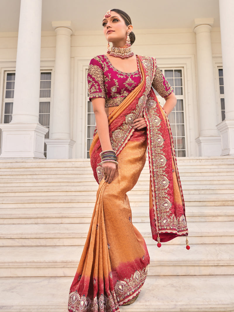 Rust Orange Heavy Bridal Saree with Zari Mirror & Sequin Work