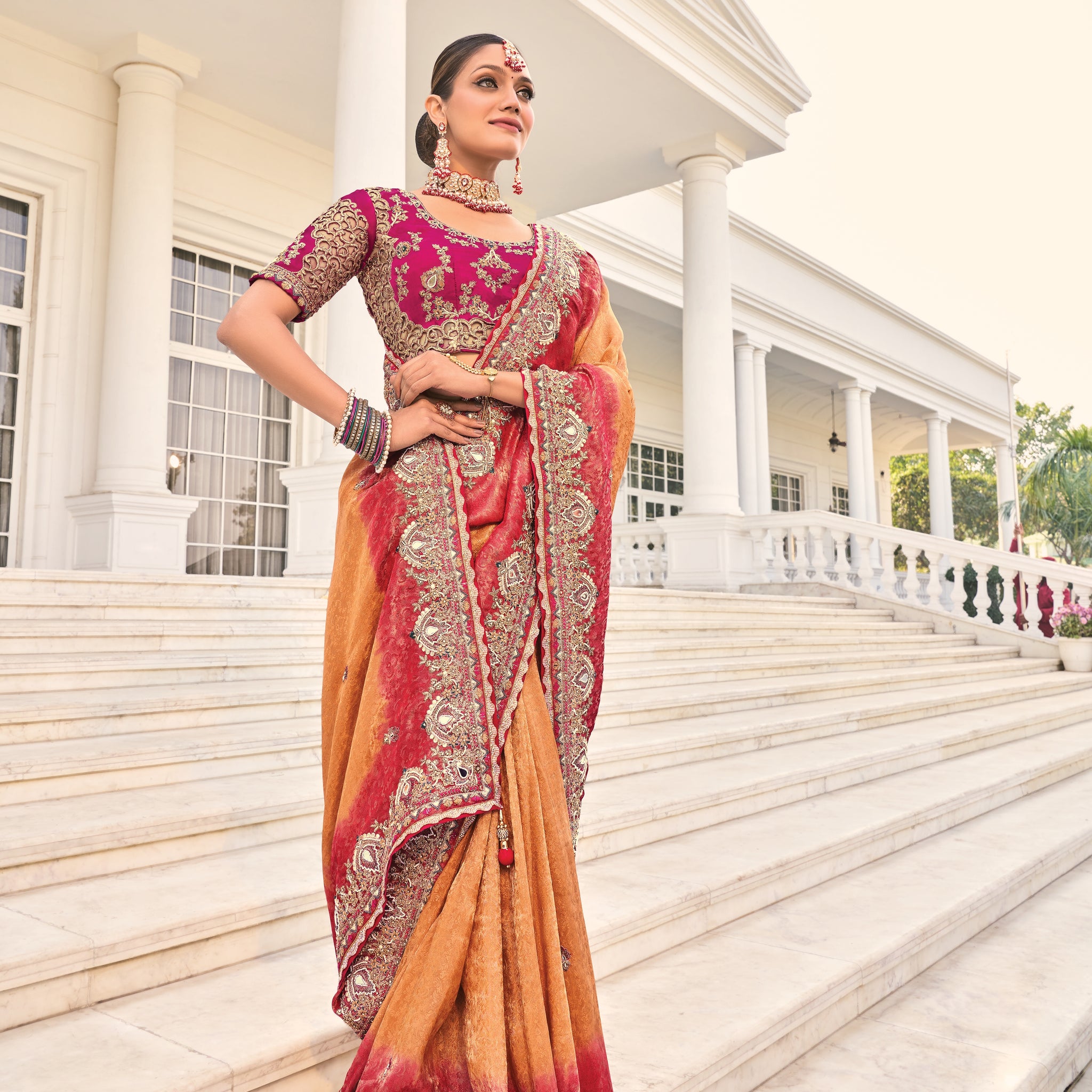 Rust Orange Heavy Bridal Saree with Zari Mirror & Sequin Work