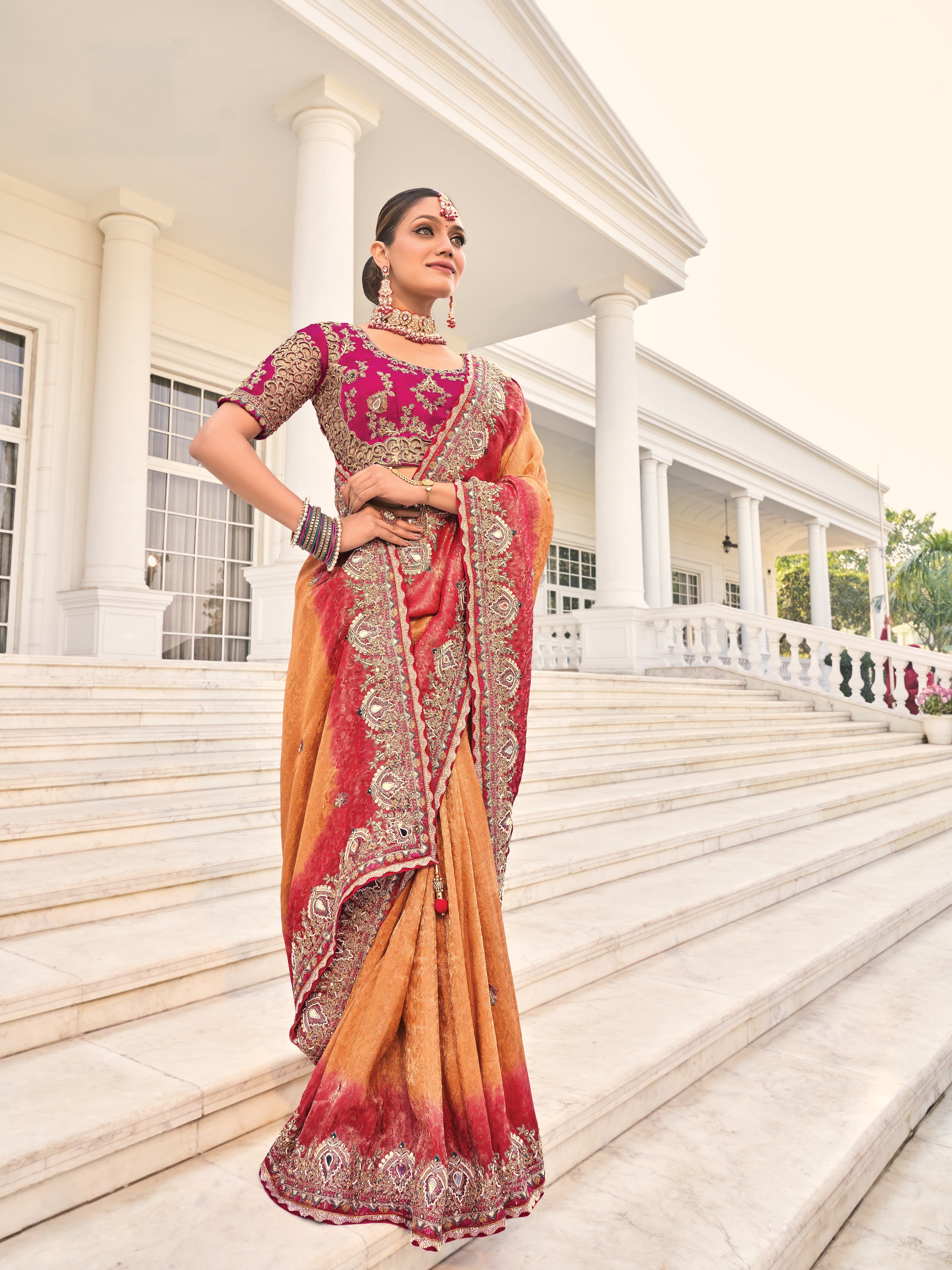 Rust Orange Heavy Bridal Saree with Zari Mirror & Sequin Work