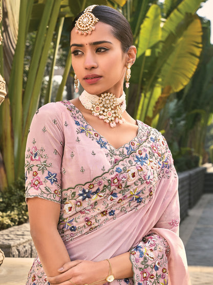 Blush Pink Designer Saree with Pearl &amp; Sequin Embroidery