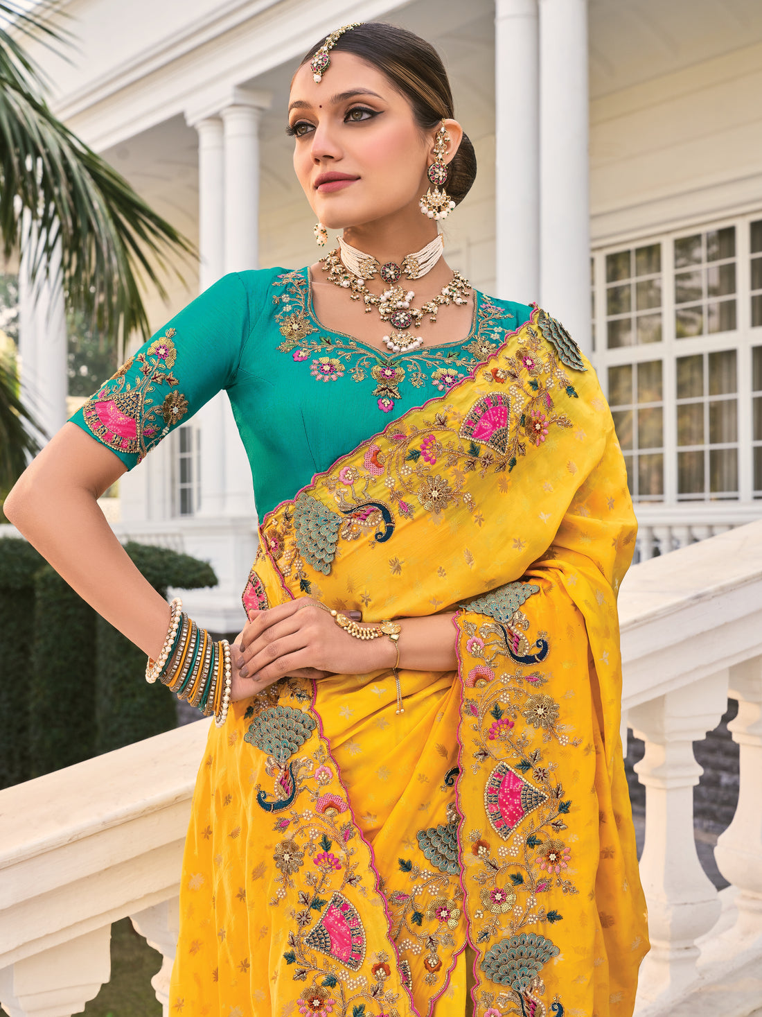 Mustard Yellow Floral Embroidered Saree with Designer Border