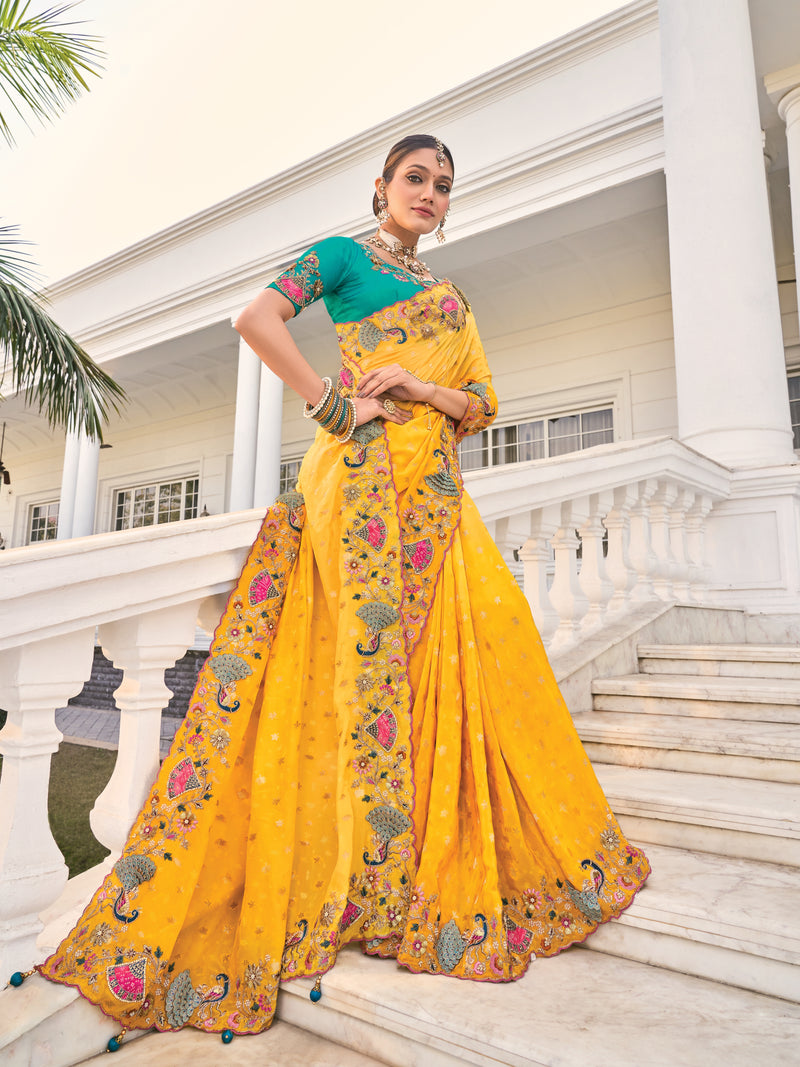 Mustard Yellow Floral Embroidered Saree with Designer Border