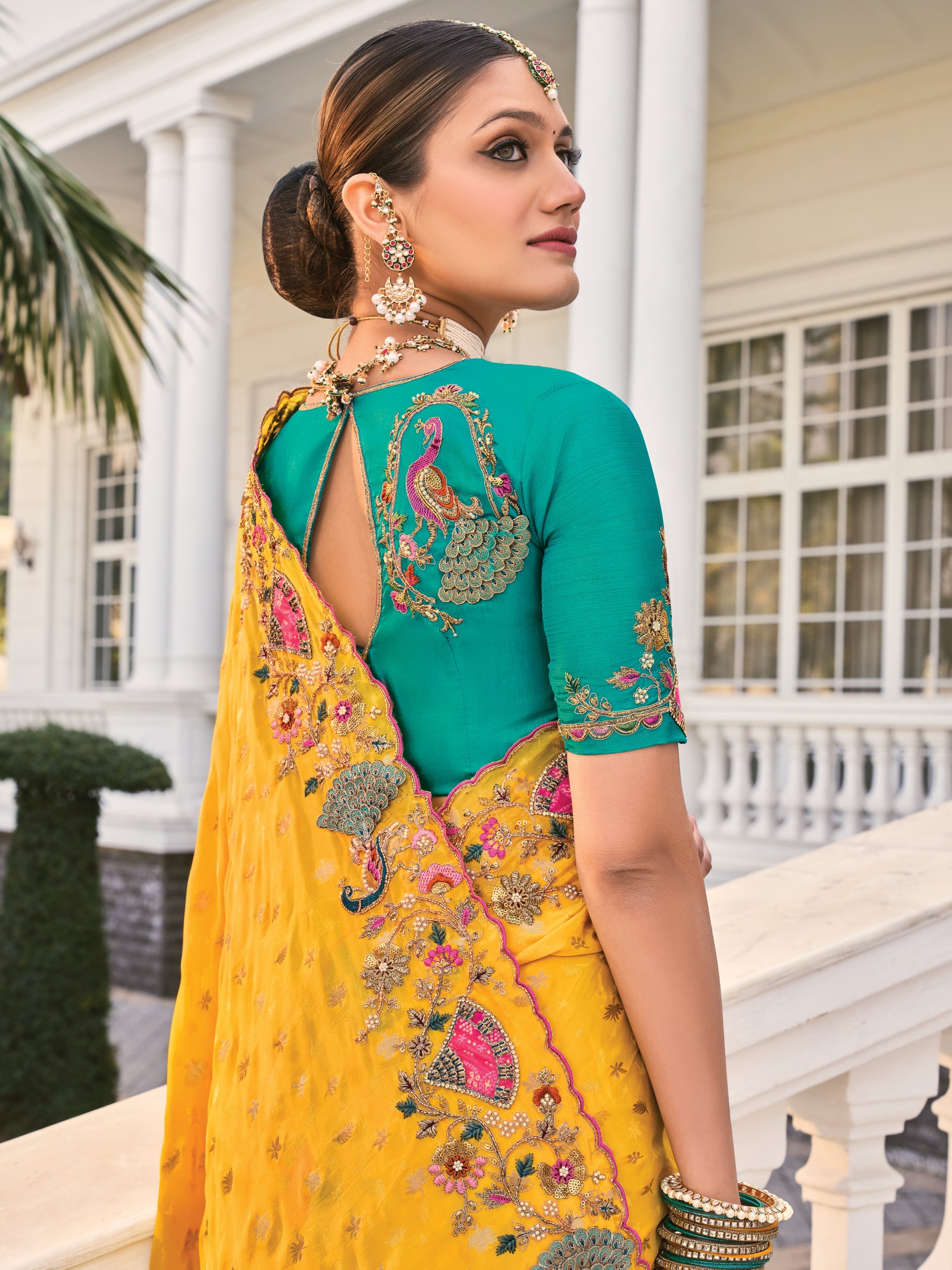 Mustard Yellow Floral Embroidered Saree with Designer Border