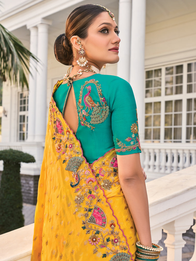 Mustard Yellow Floral Embroidered Saree with Designer Border