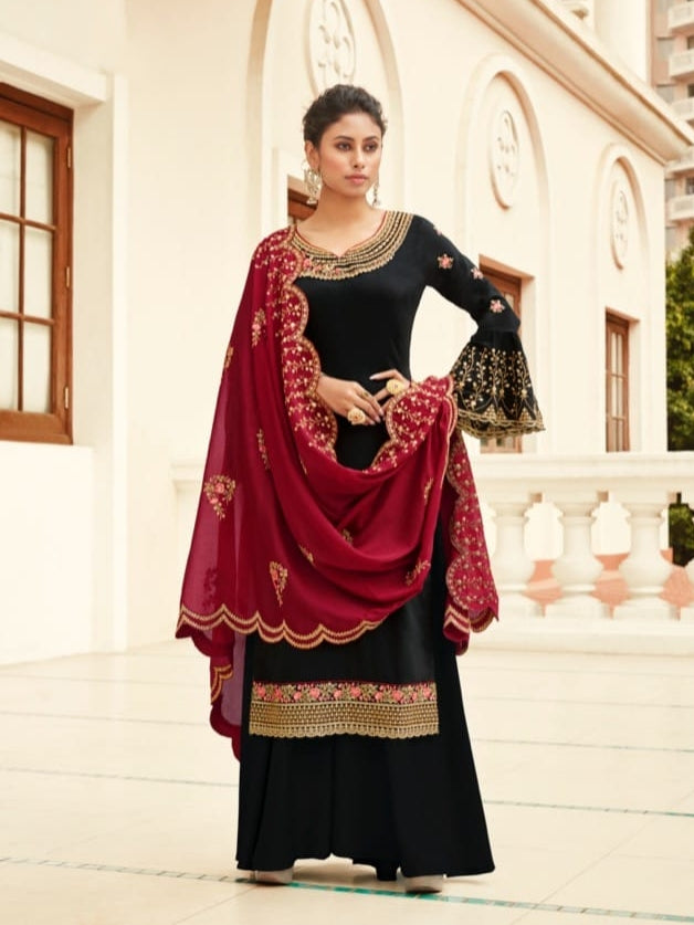 Black Heavy Embroidered Palazzo Suit