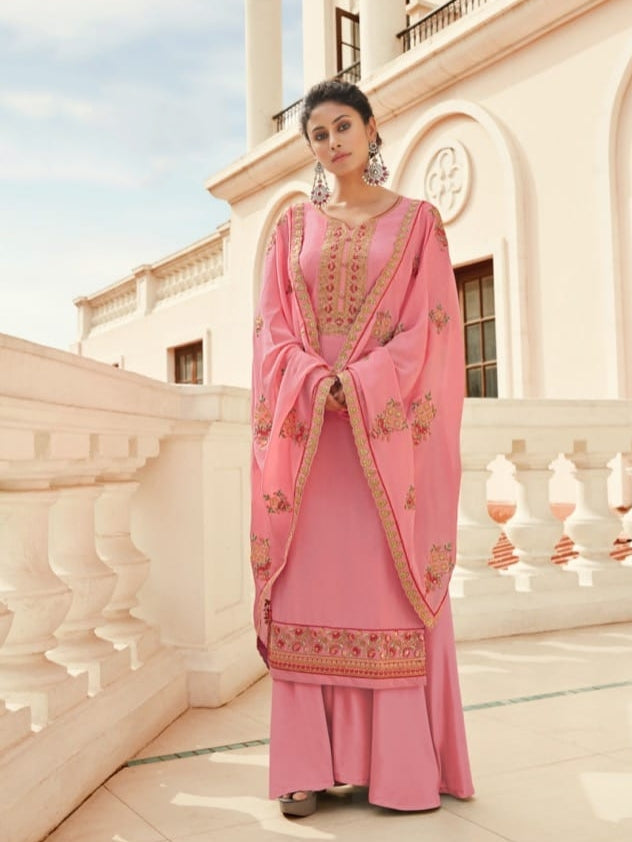 Pink Heavy Embroidered Palazzo Suit