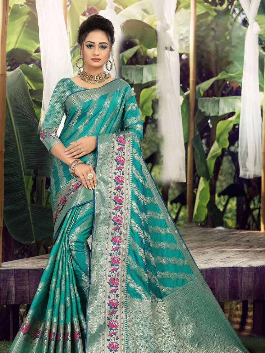 Rama Green Soft Silk Saree with Floral Zari Border