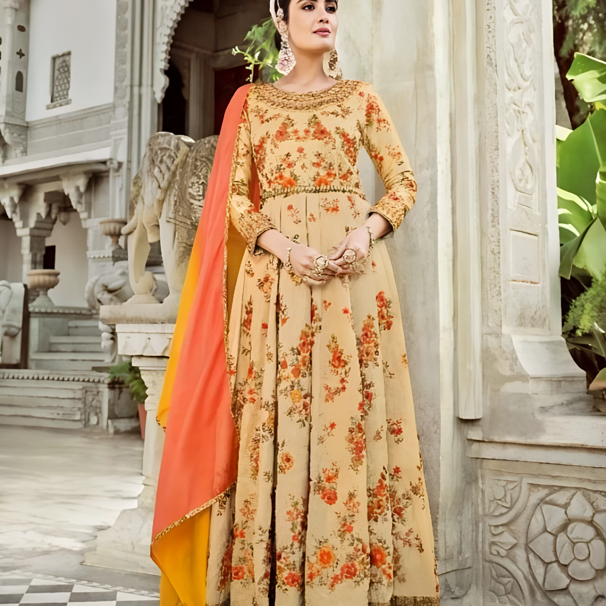 Beige Floral Embroidered Anarkali Suit