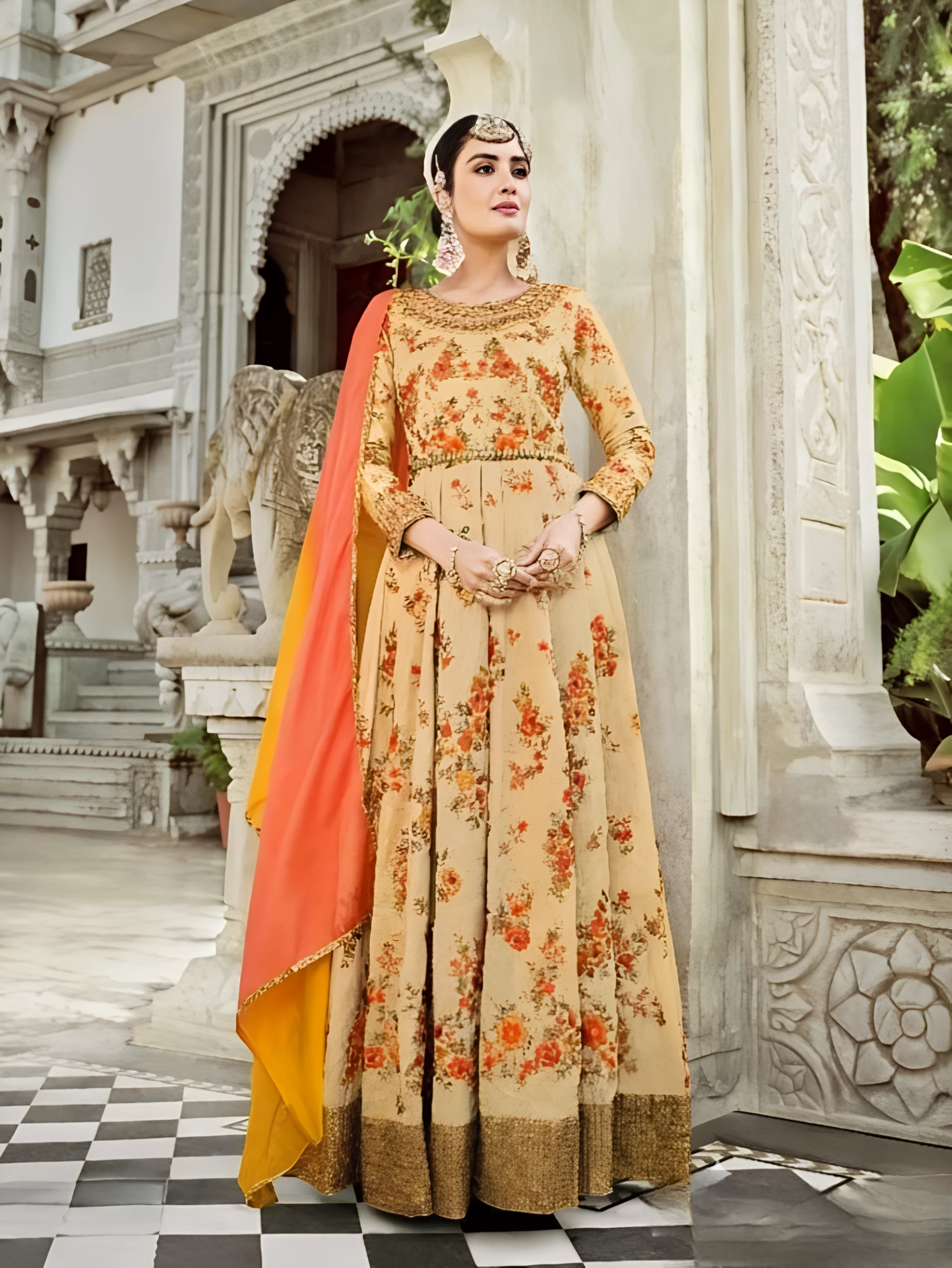 Beige Floral Embroidered Anarkali Suit