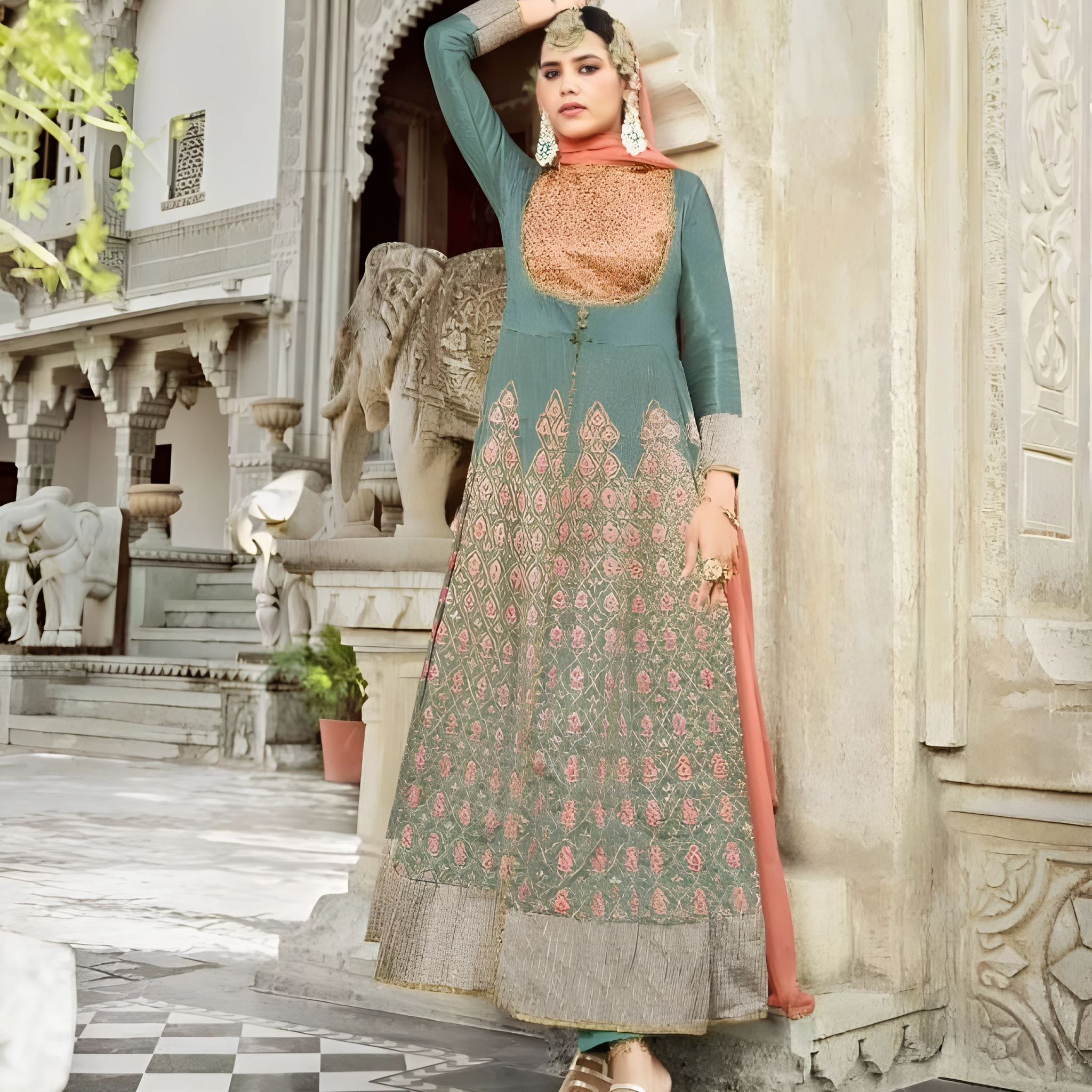 Teal Blue Embroidered Anarkali Suit