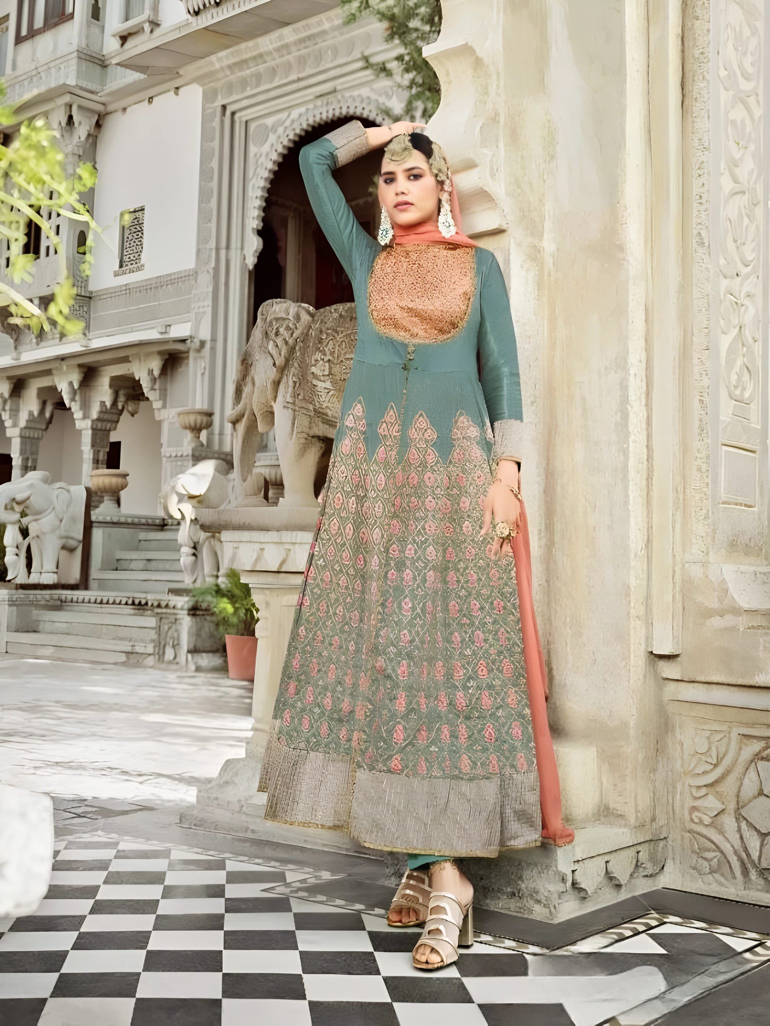 Teal Blue Embroidered Anarkali Suit