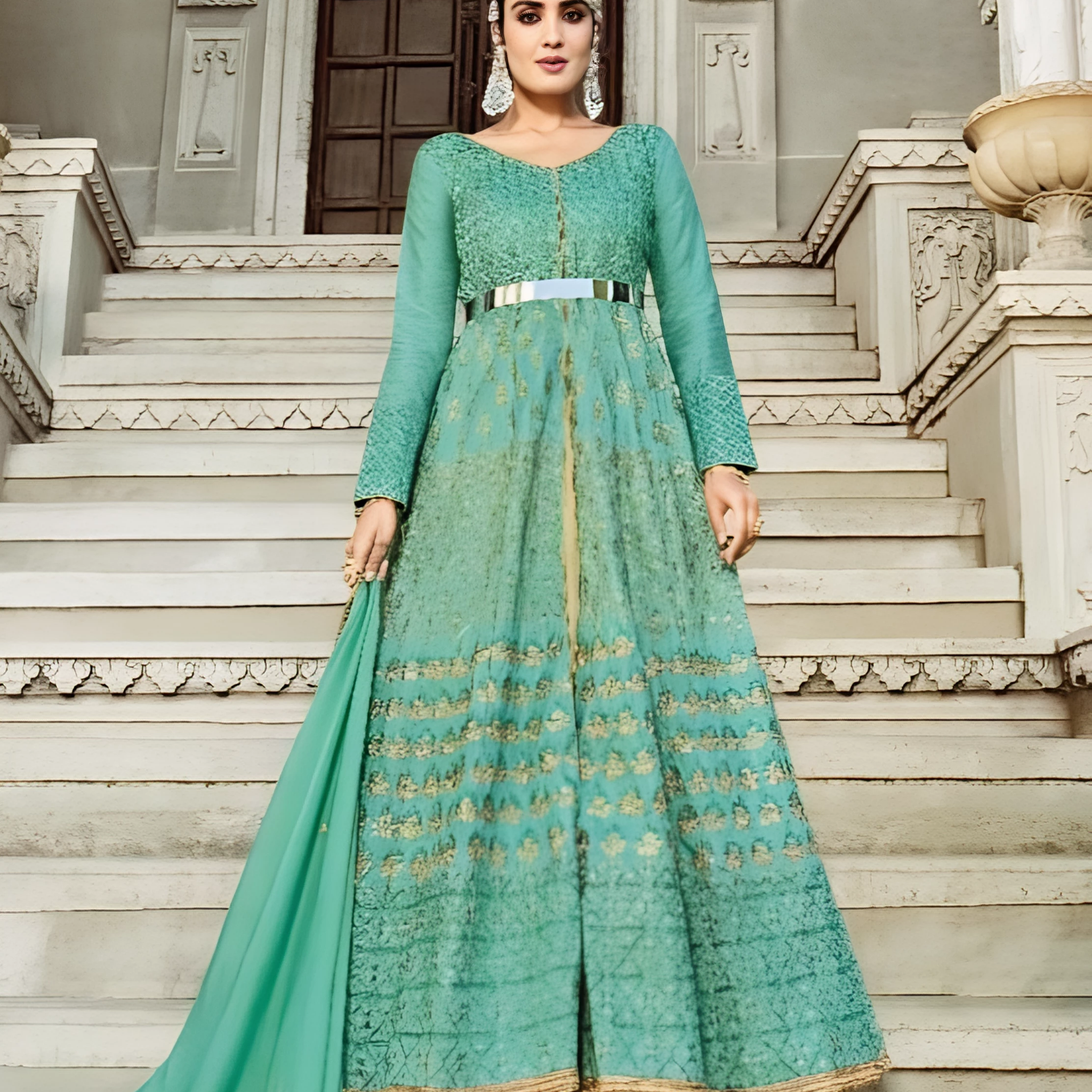 Aqua Blue Heavy Embroidered Designer Anarkali Suit