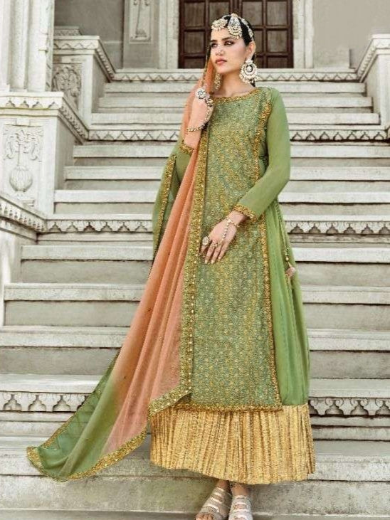 Green &amp; Gold Designer Handloom Silk Anarkali Suit