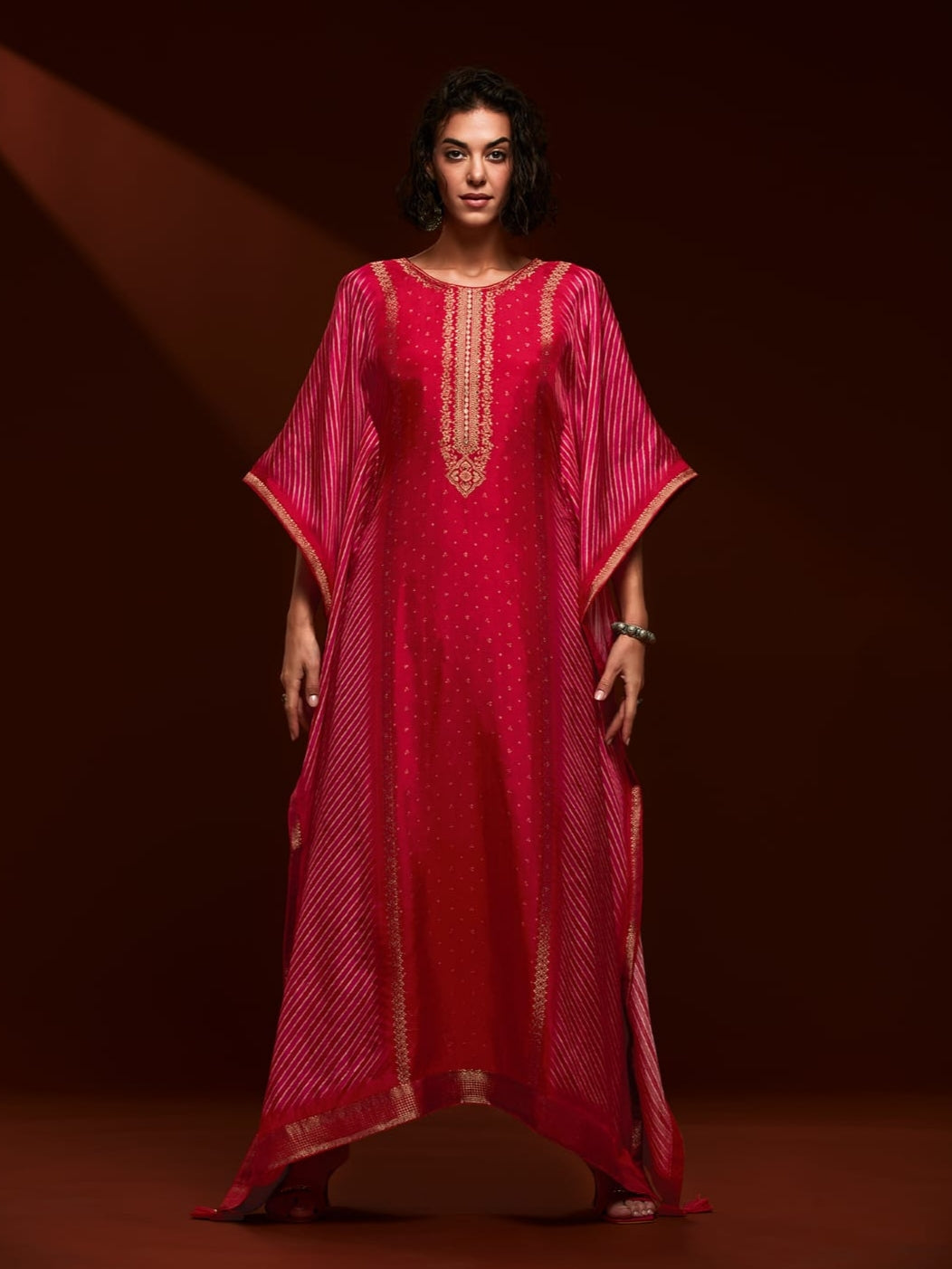 Red Bandhani Hand Embroidered Kaftan