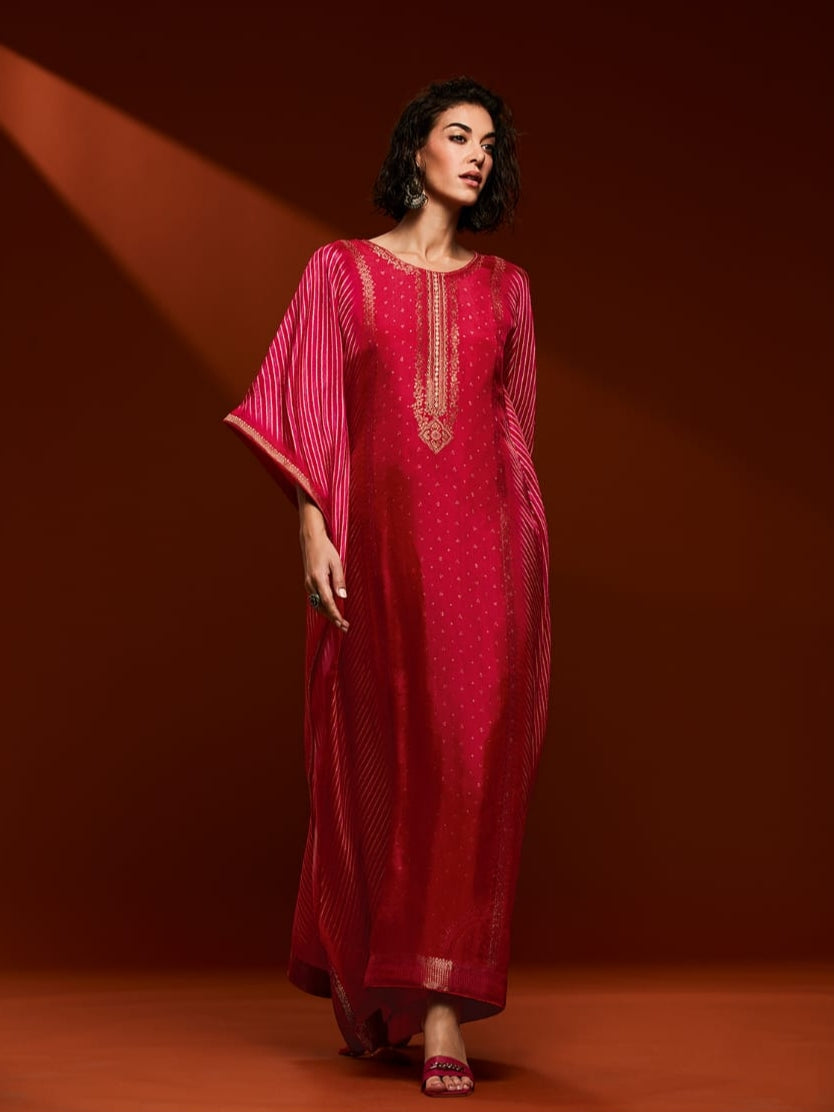 Red Bandhani Hand Embroidered Kaftan