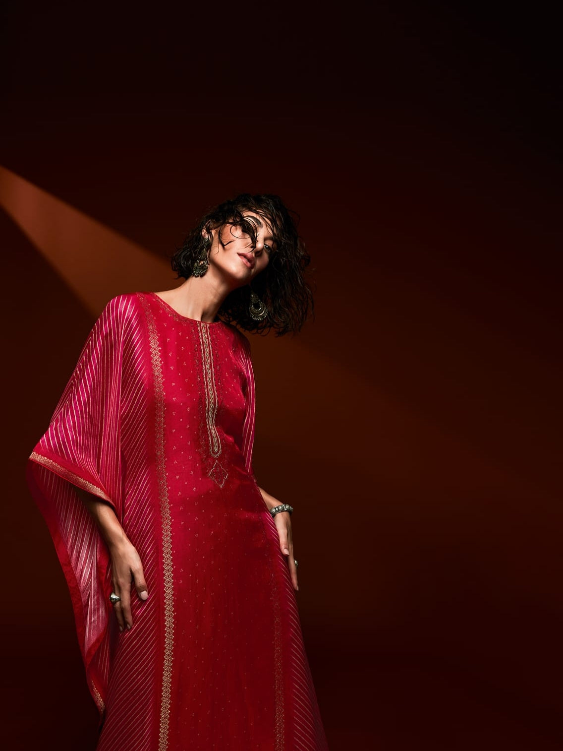 Red Bandhani Hand Embroidered Kaftan