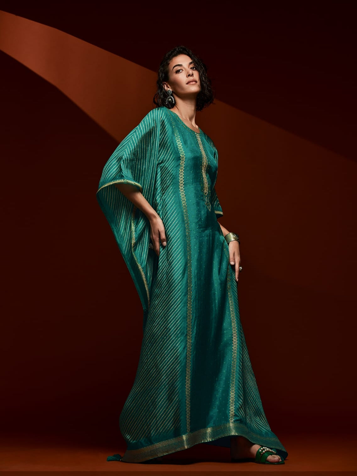 Teal Green Viscose Bandhani Kaftan