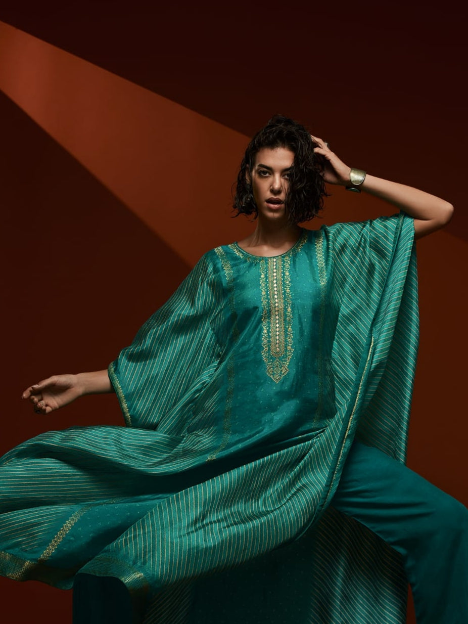 Teal Green Viscose Bandhani Kaftan