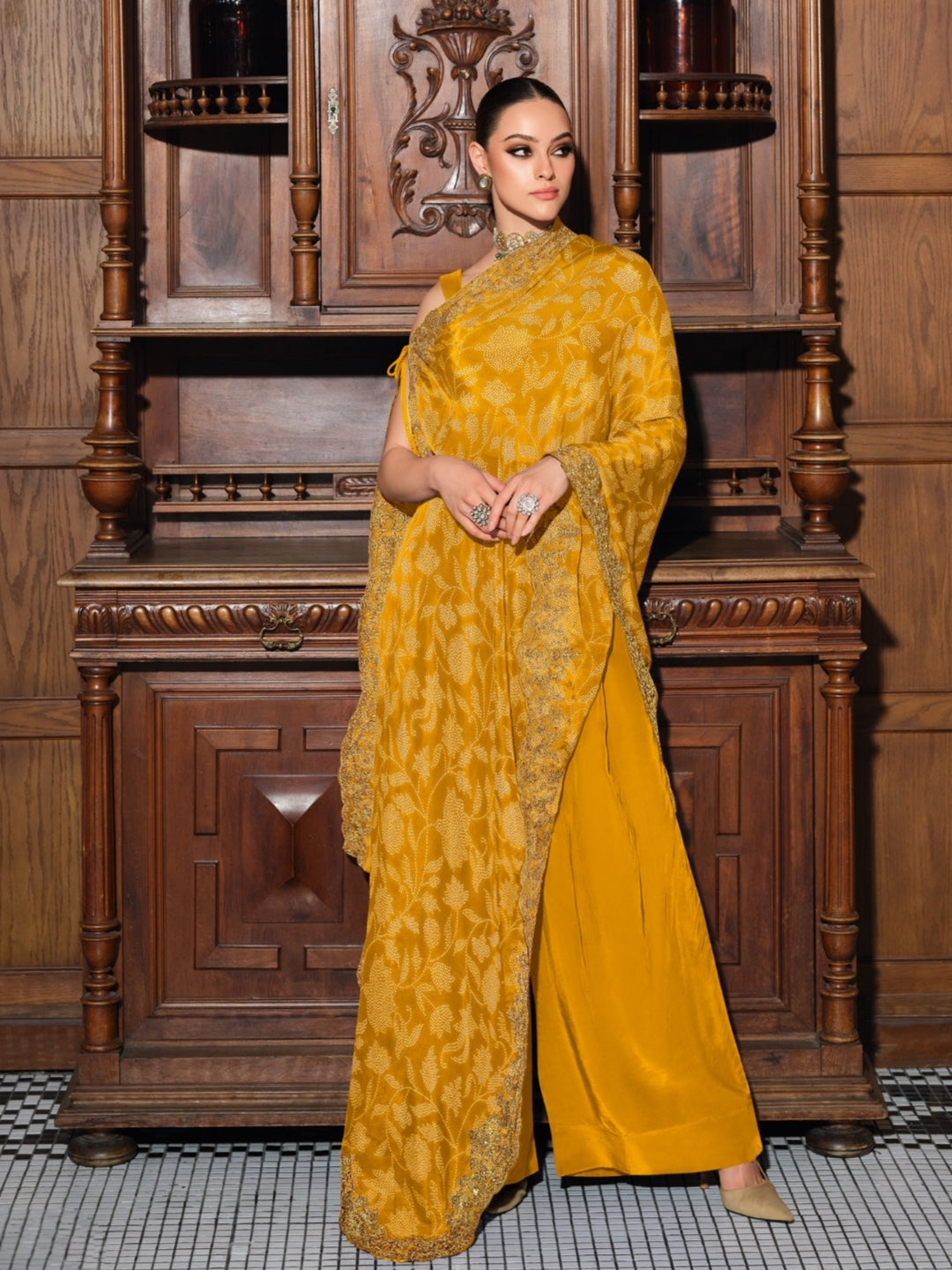 Mustard Viscose Chinnon Embroidered Kaftan Set
