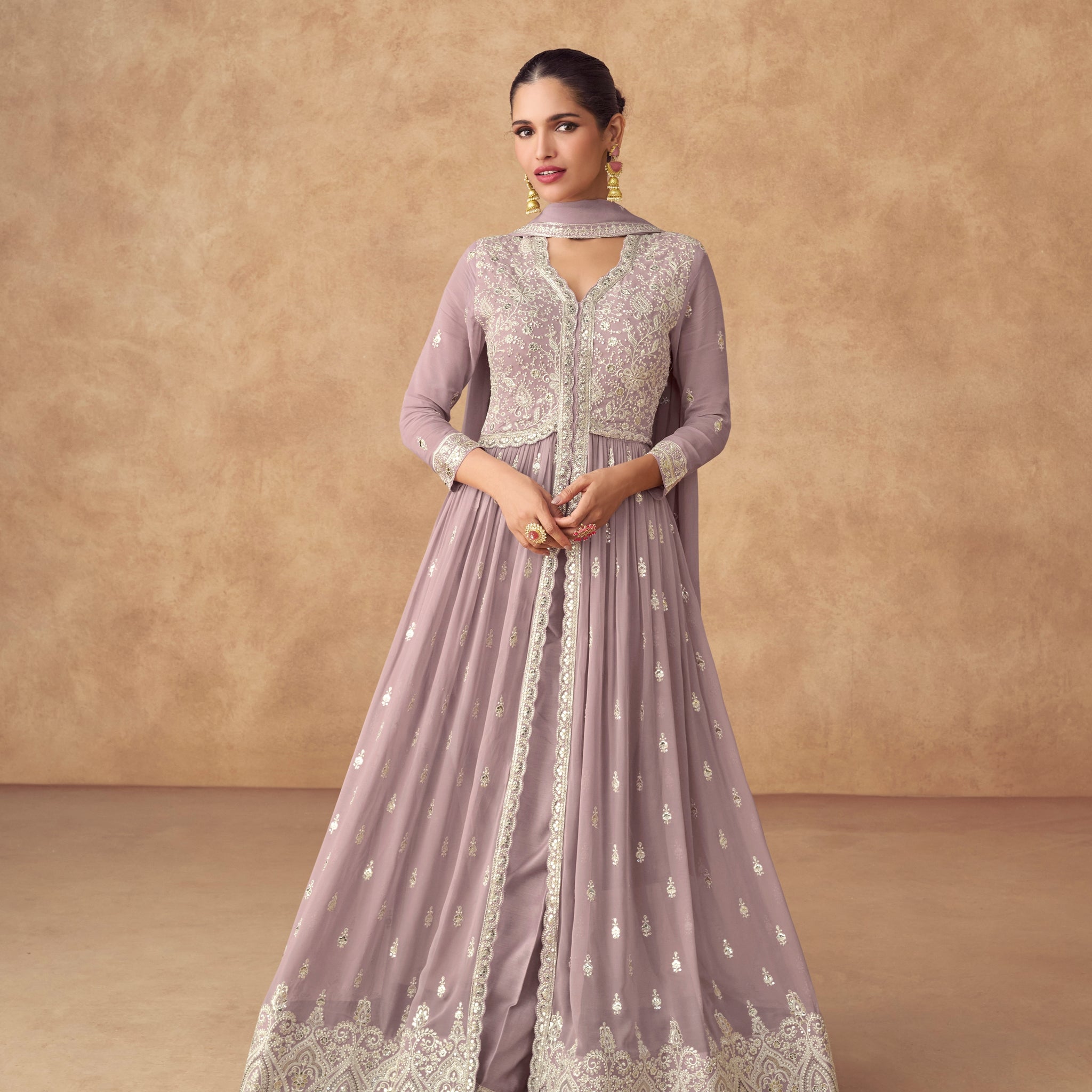 Lavender Embroidered Georgette Palazzo Suit