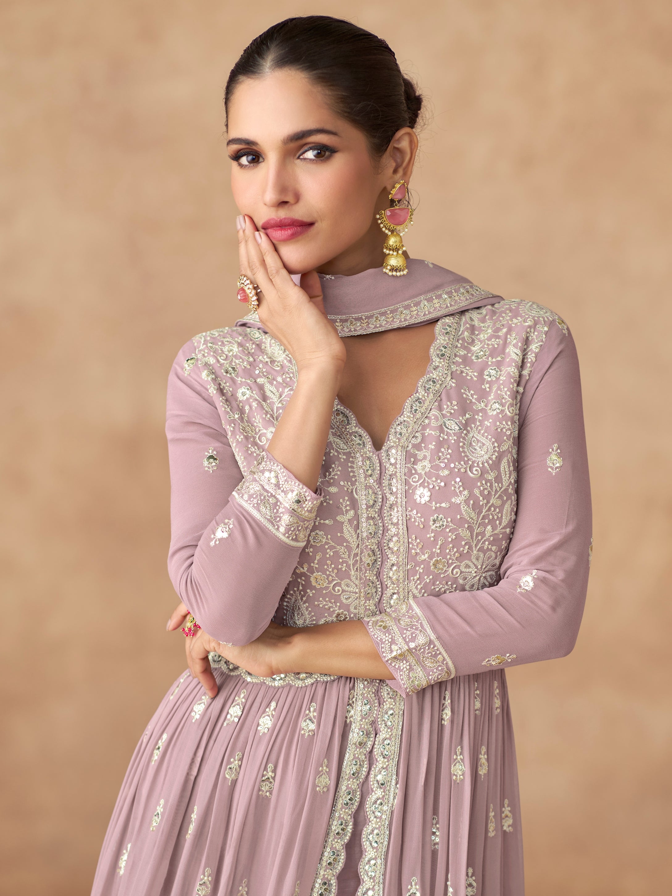 Lavender Embroidered Georgette Palazzo Suit