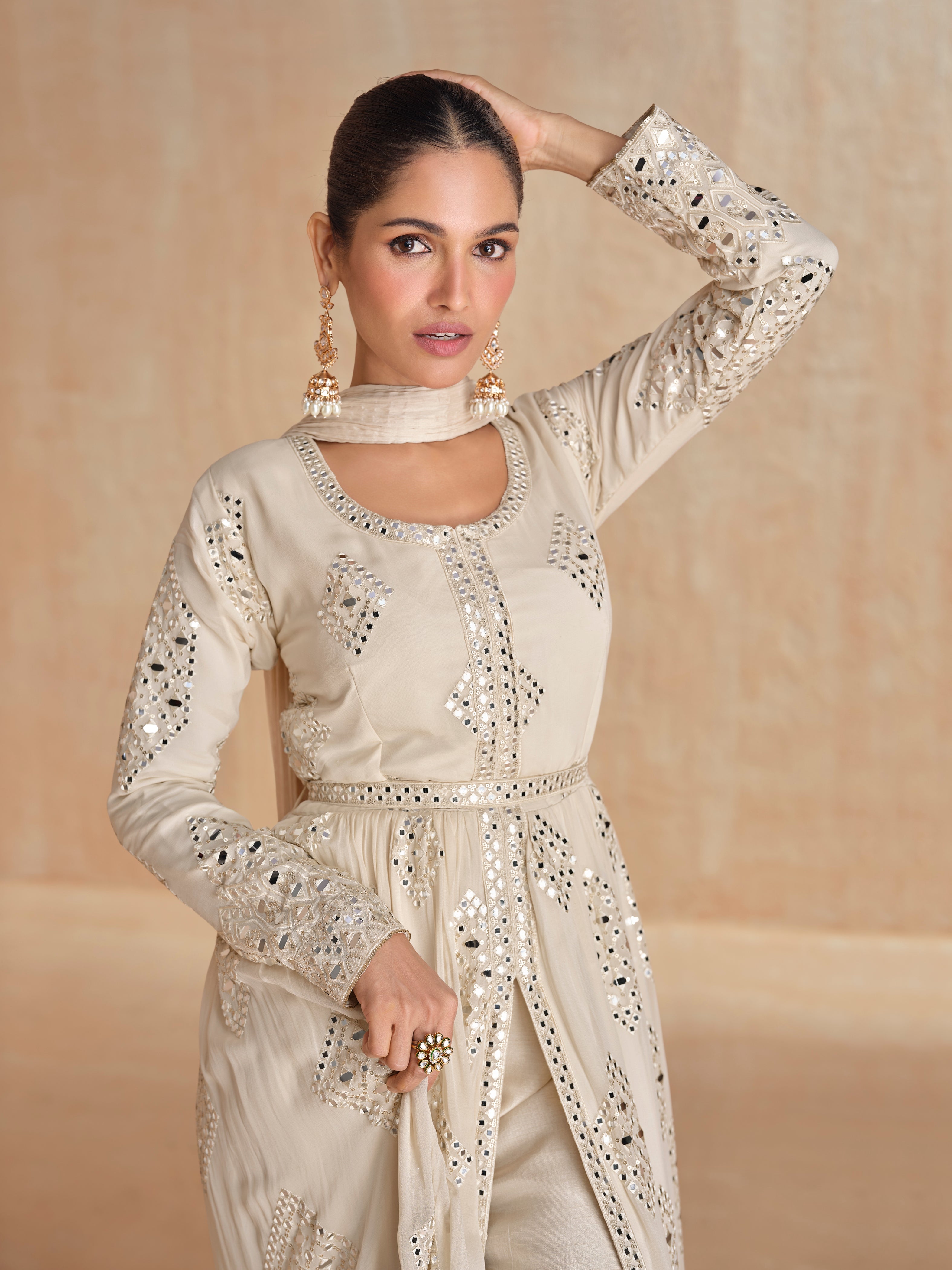 Ivory Heavy Embroidered Georgette Palazzo Suit