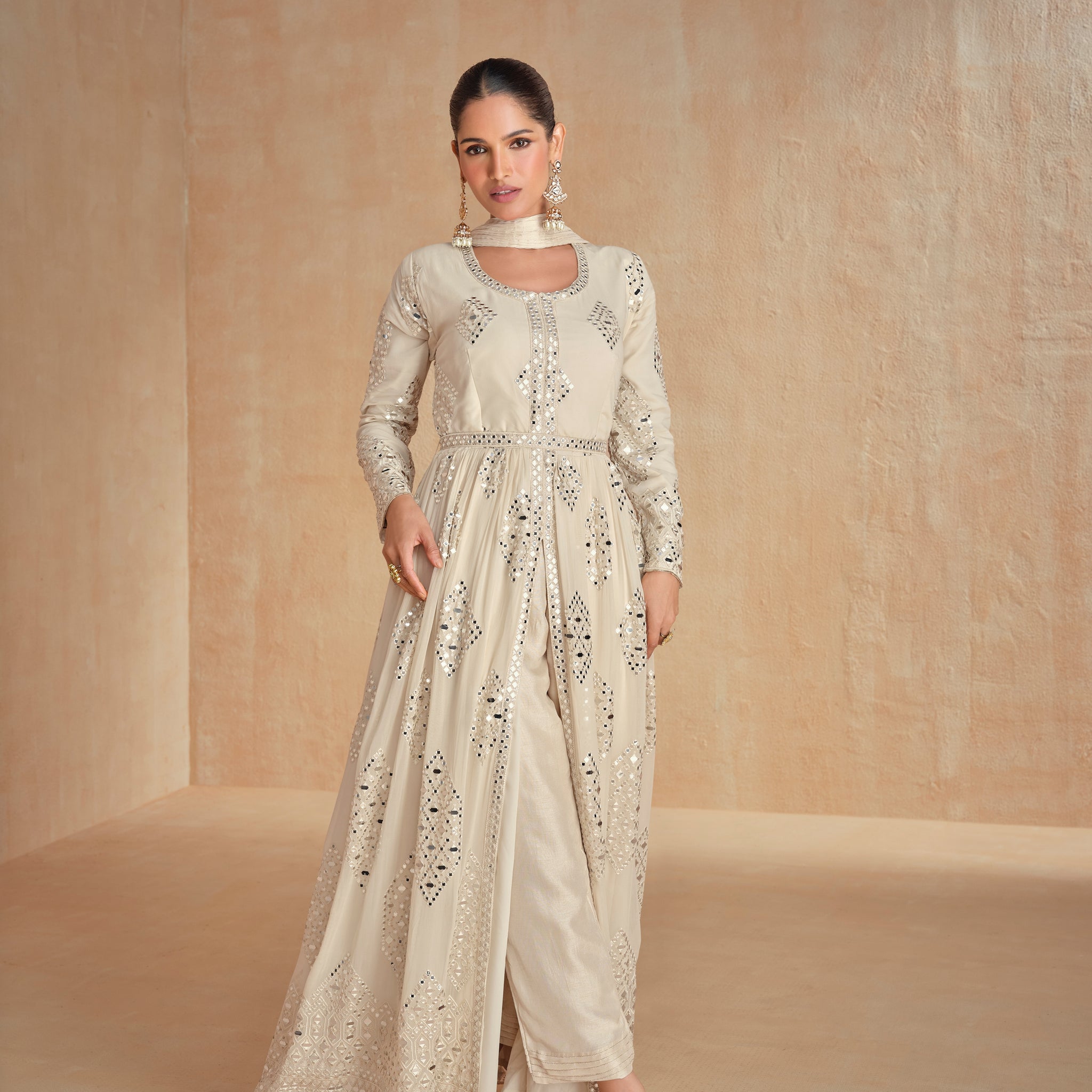 Ivory Heavy Embroidered Georgette Palazzo Suit