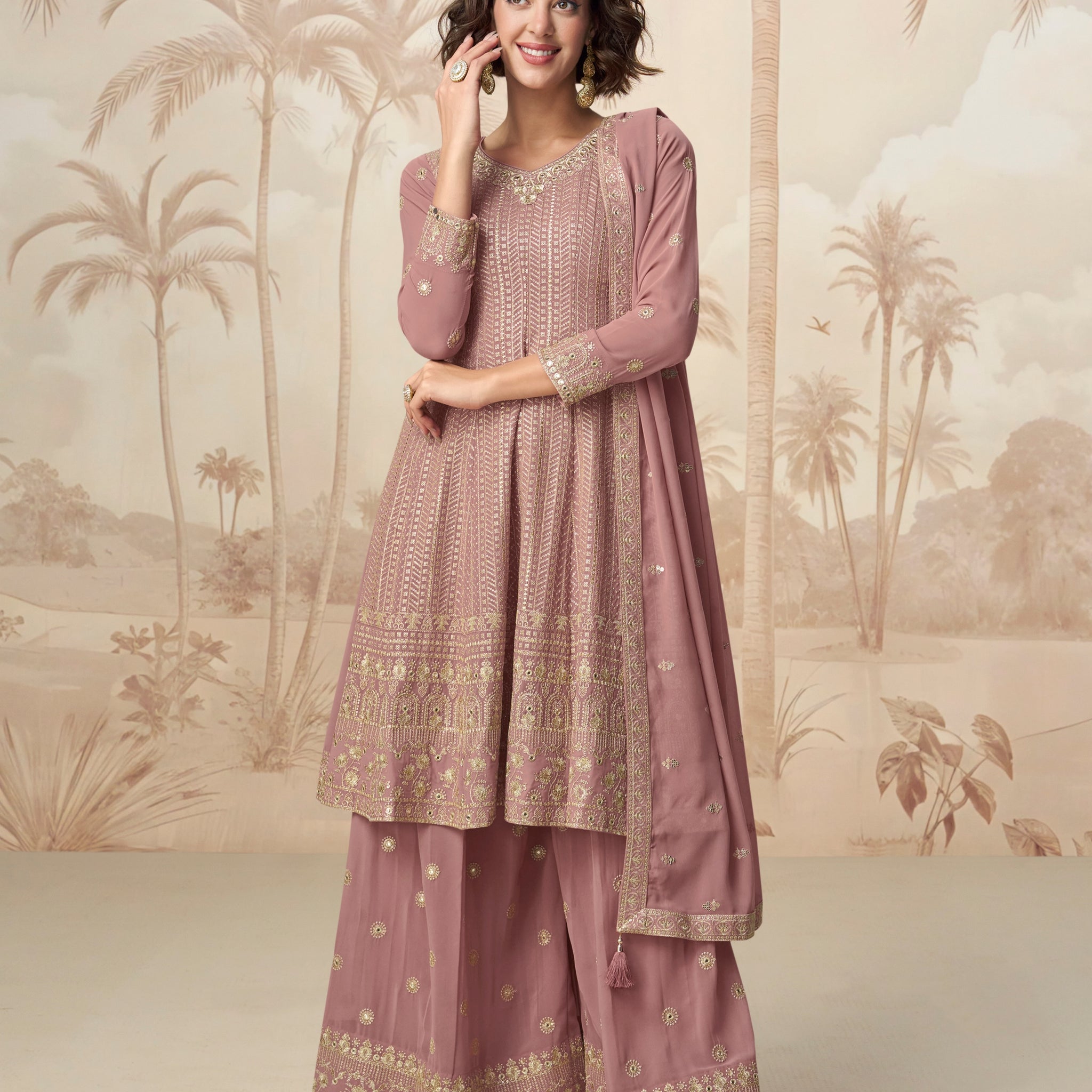 Mauve Embroidered Georgette Palazzo Suit