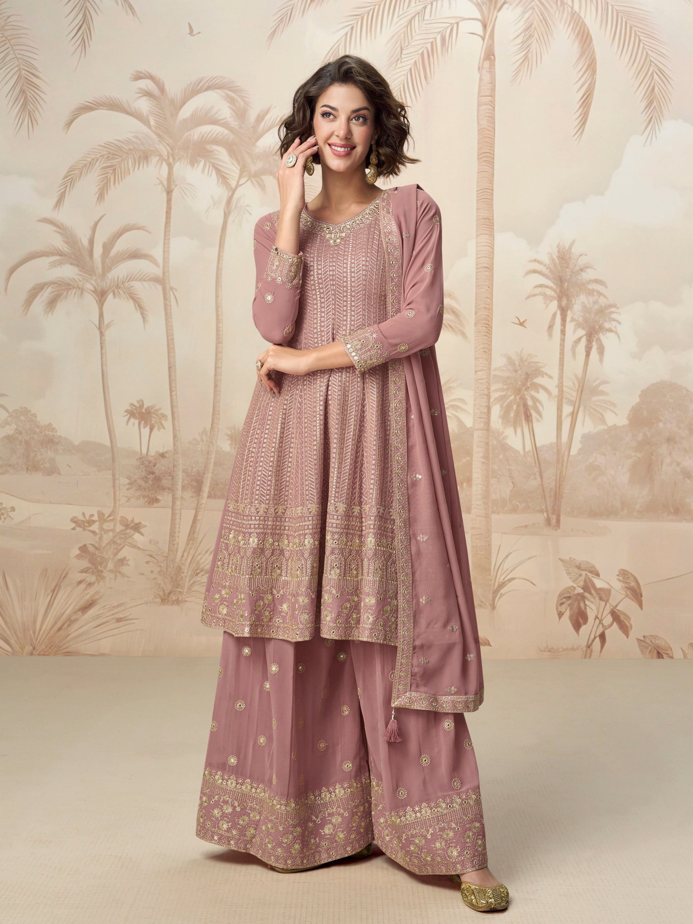 Mauve Embroidered Georgette Palazzo Suit