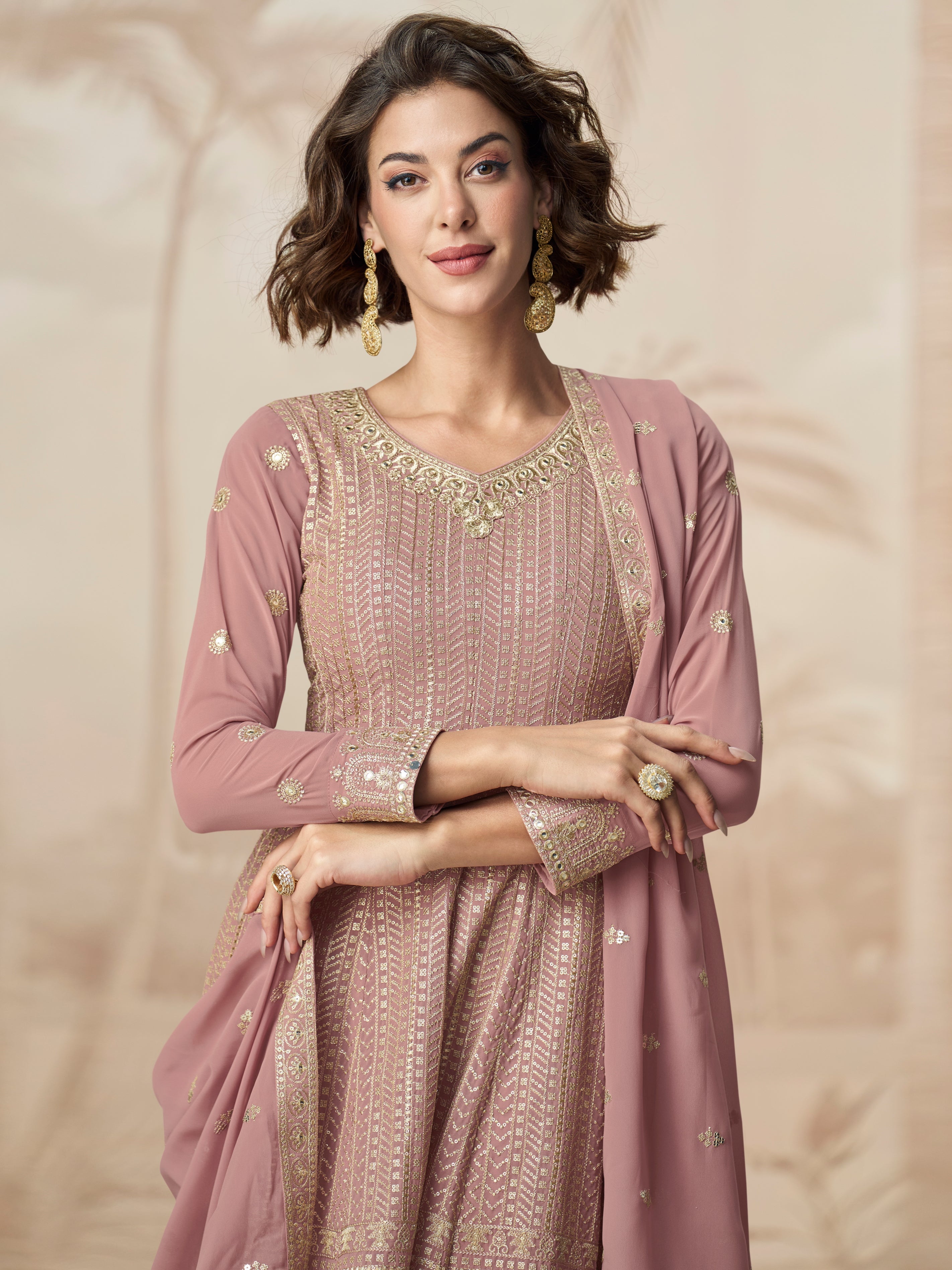 Mauve Embroidered Georgette Palazzo Suit