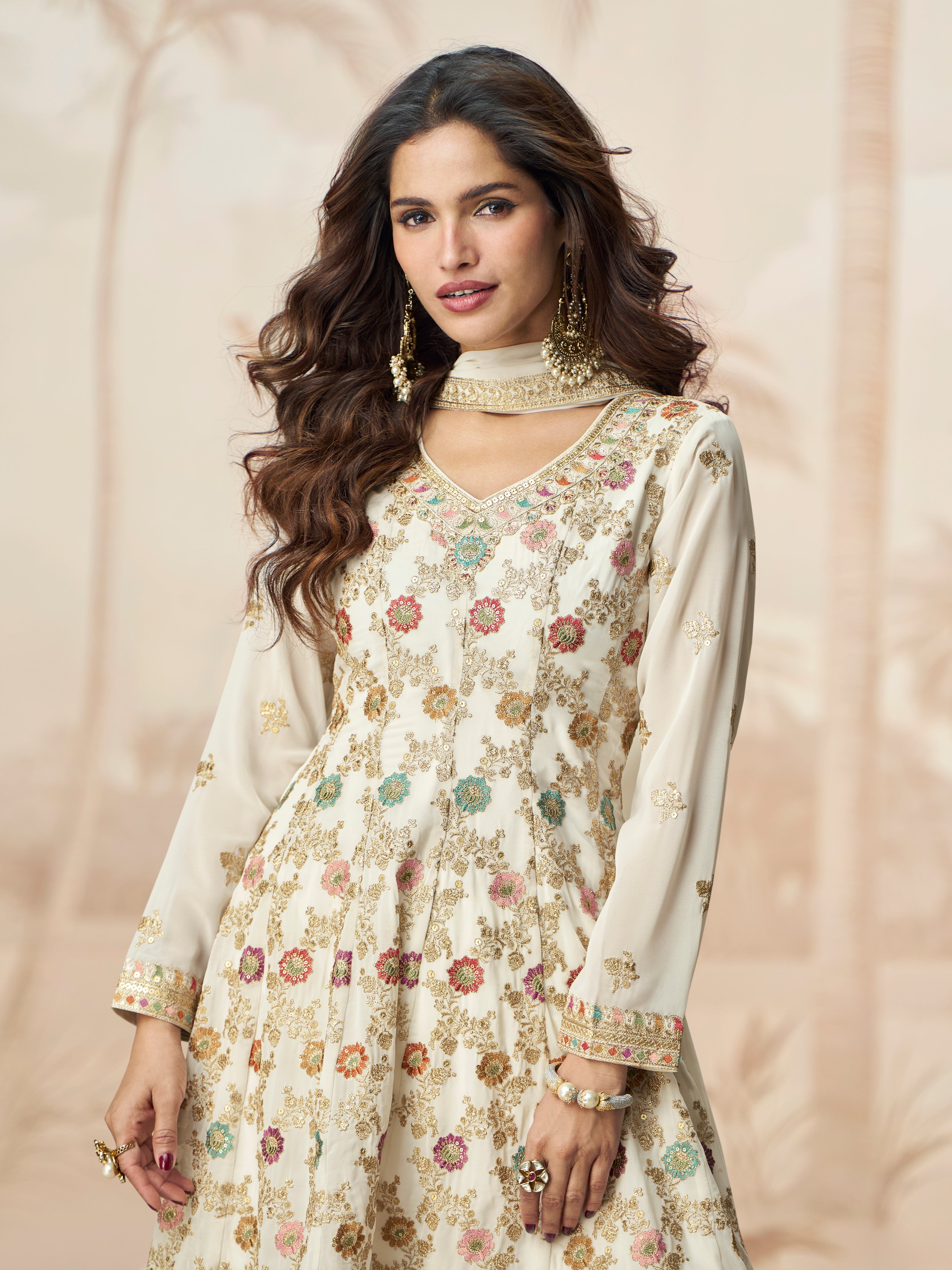 Ivory White Embroidered Palazzo Suit