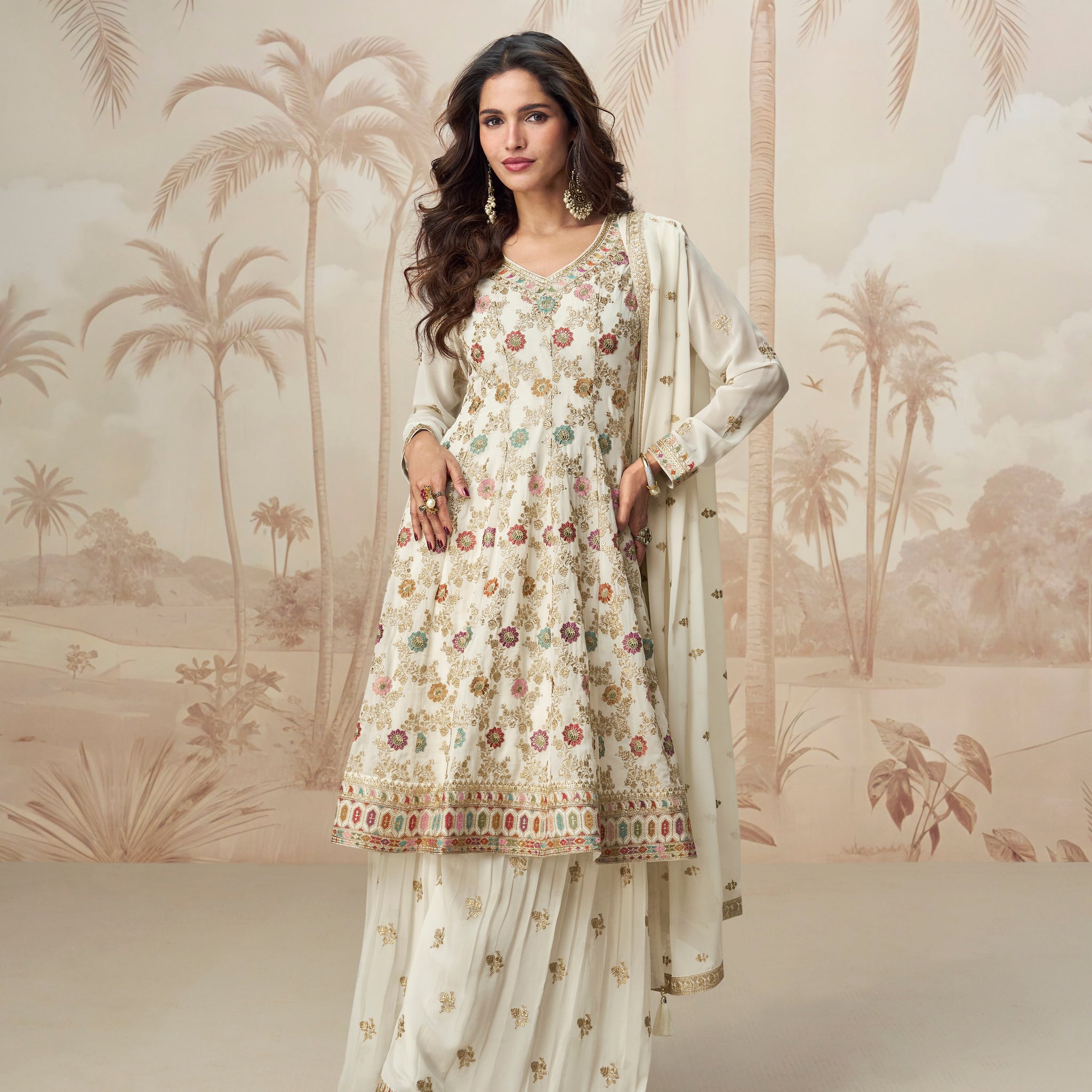 Ivory White Embroidered Palazzo Suit