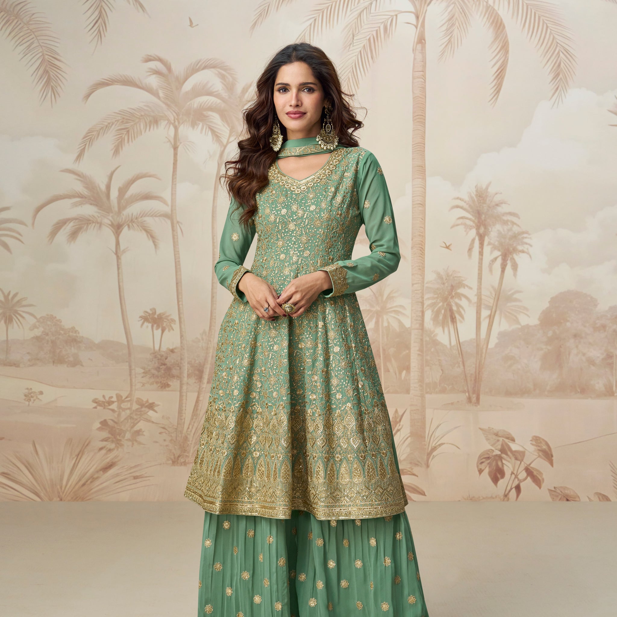 Green Georgette Palazzo Suit