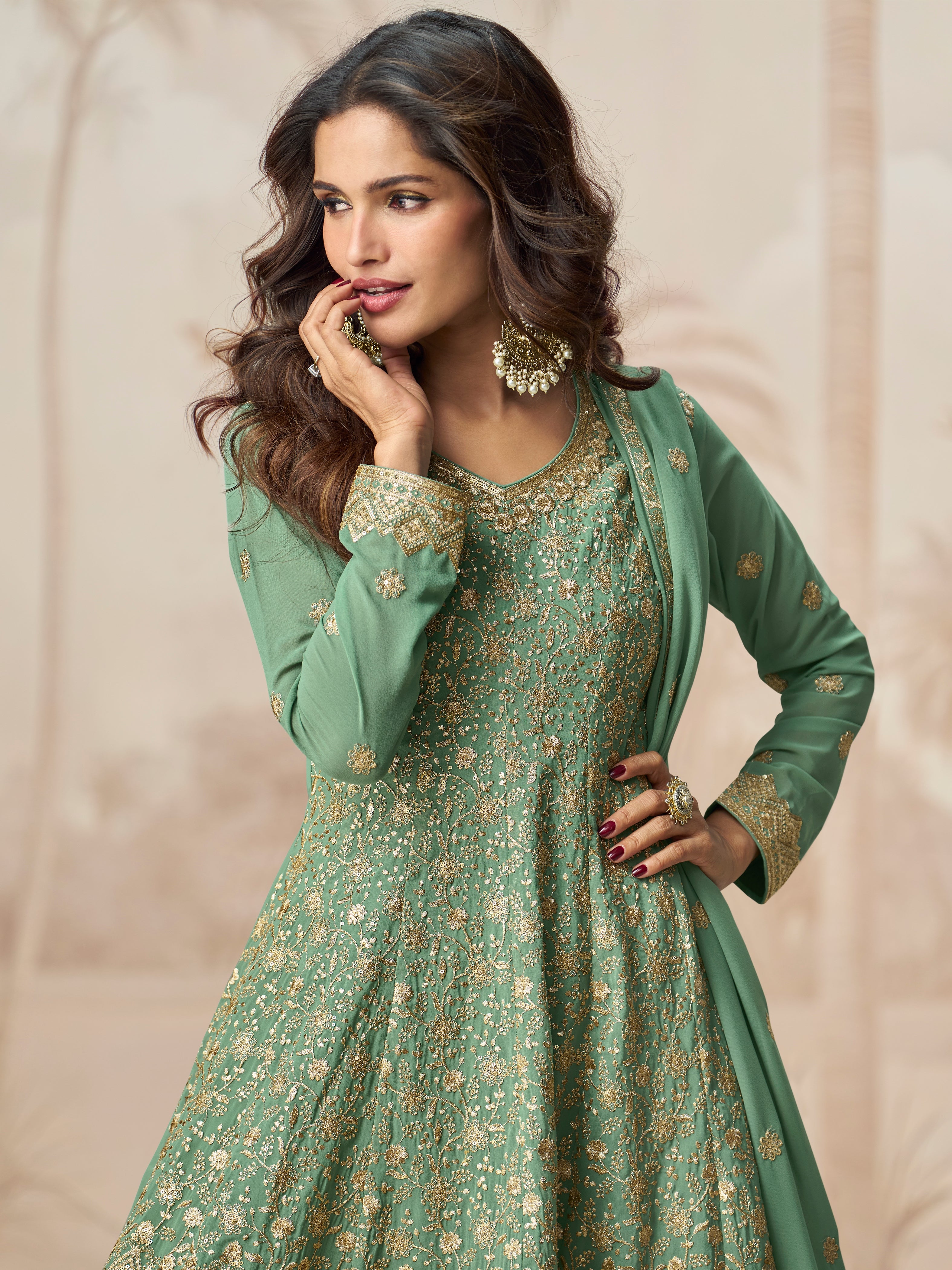 Green Georgette Palazzo Suit