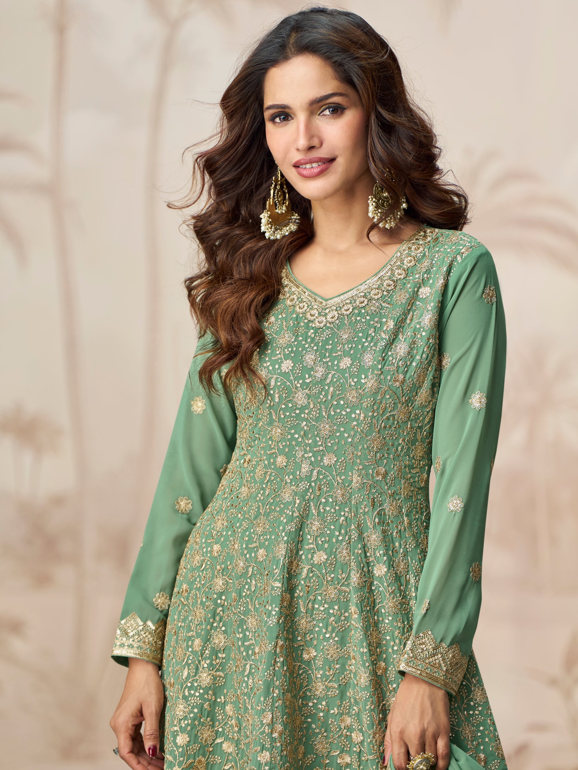 Green Georgette Palazzo Suit