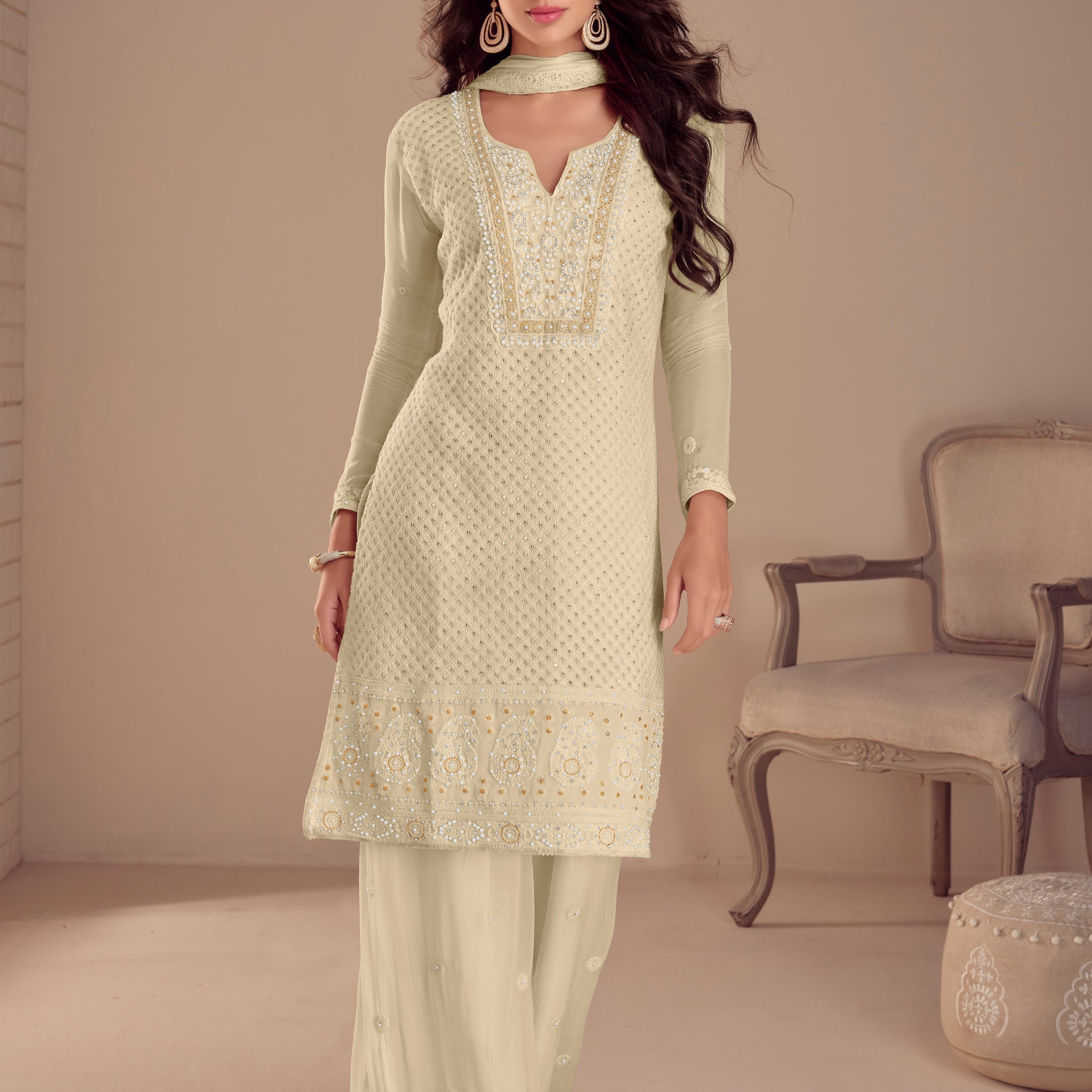 Soft Cream Embroidered Georgette Palazzo Suit