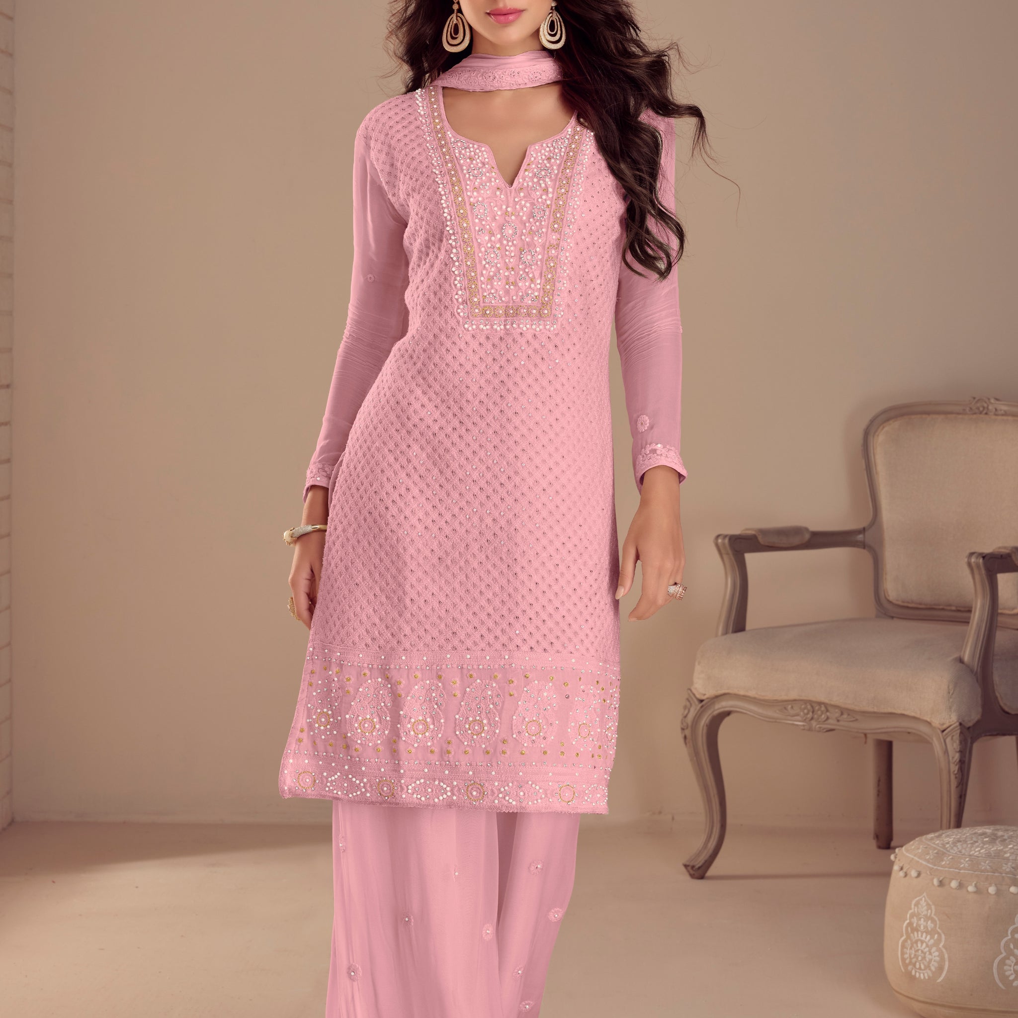 Blush Pink Embroidered Georgette Palazzo Suit