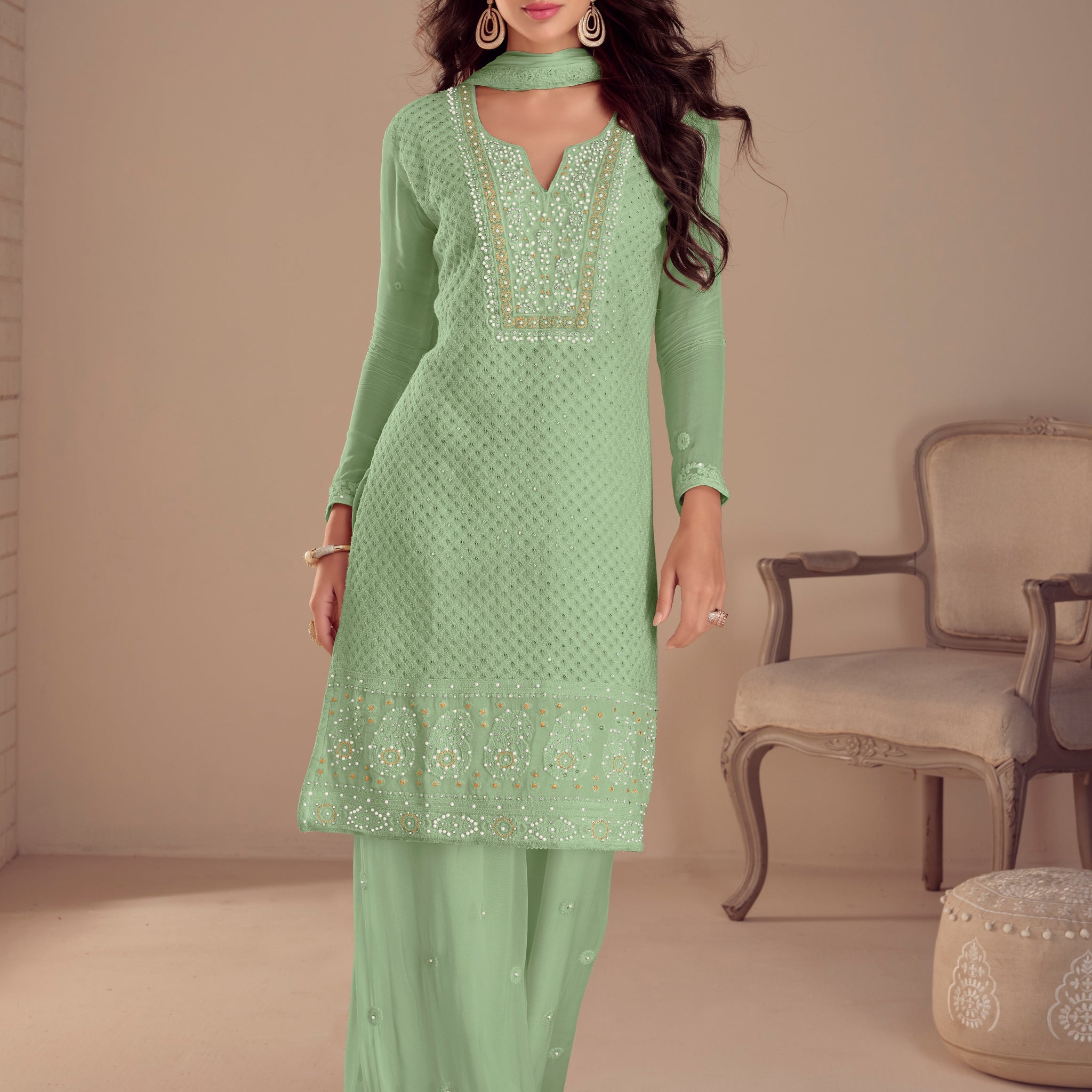 Pastel Green Embroidered Georgette Palazzo Suit