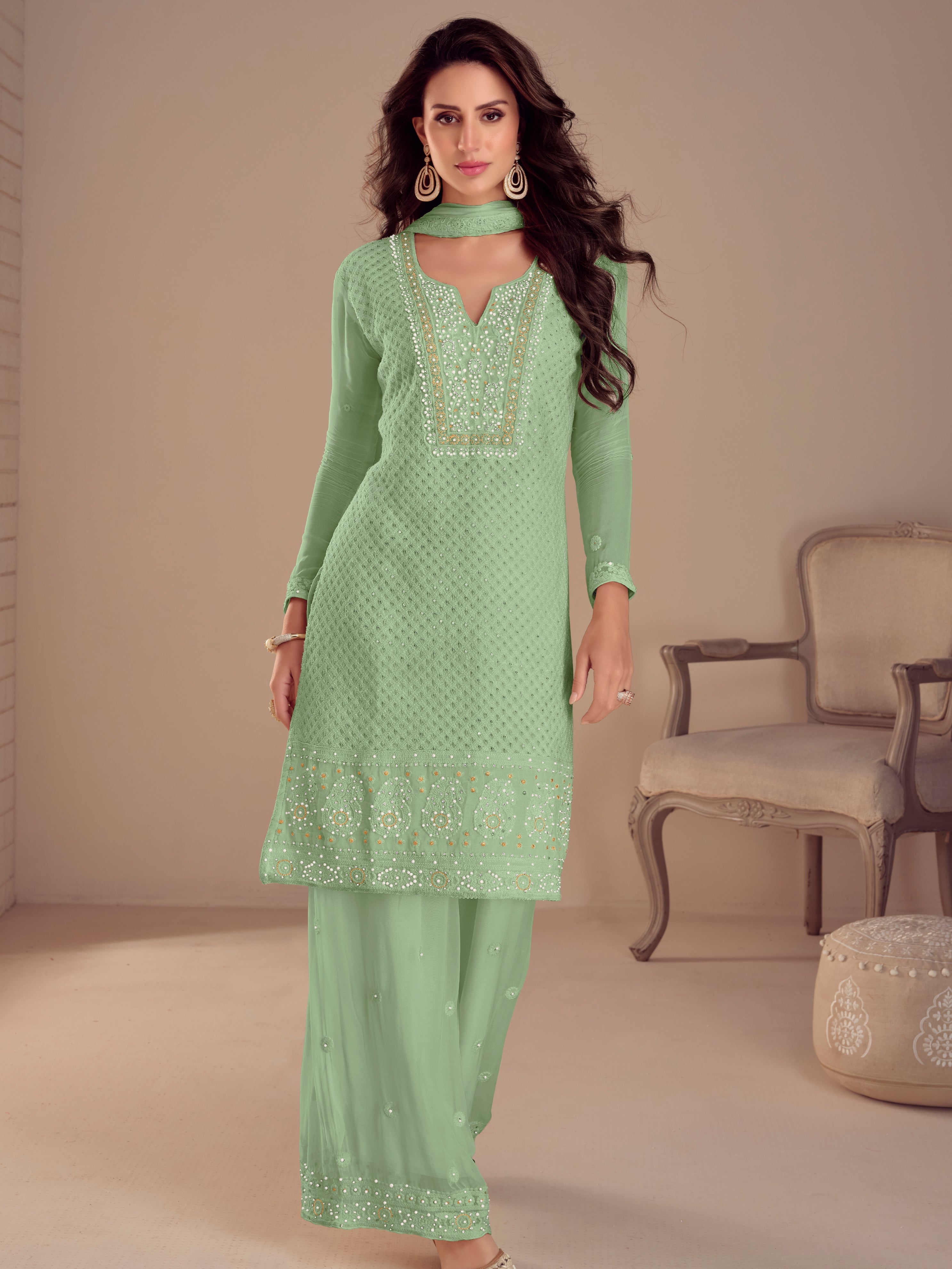 Pastel Green Embroidered Georgette Palazzo Suit