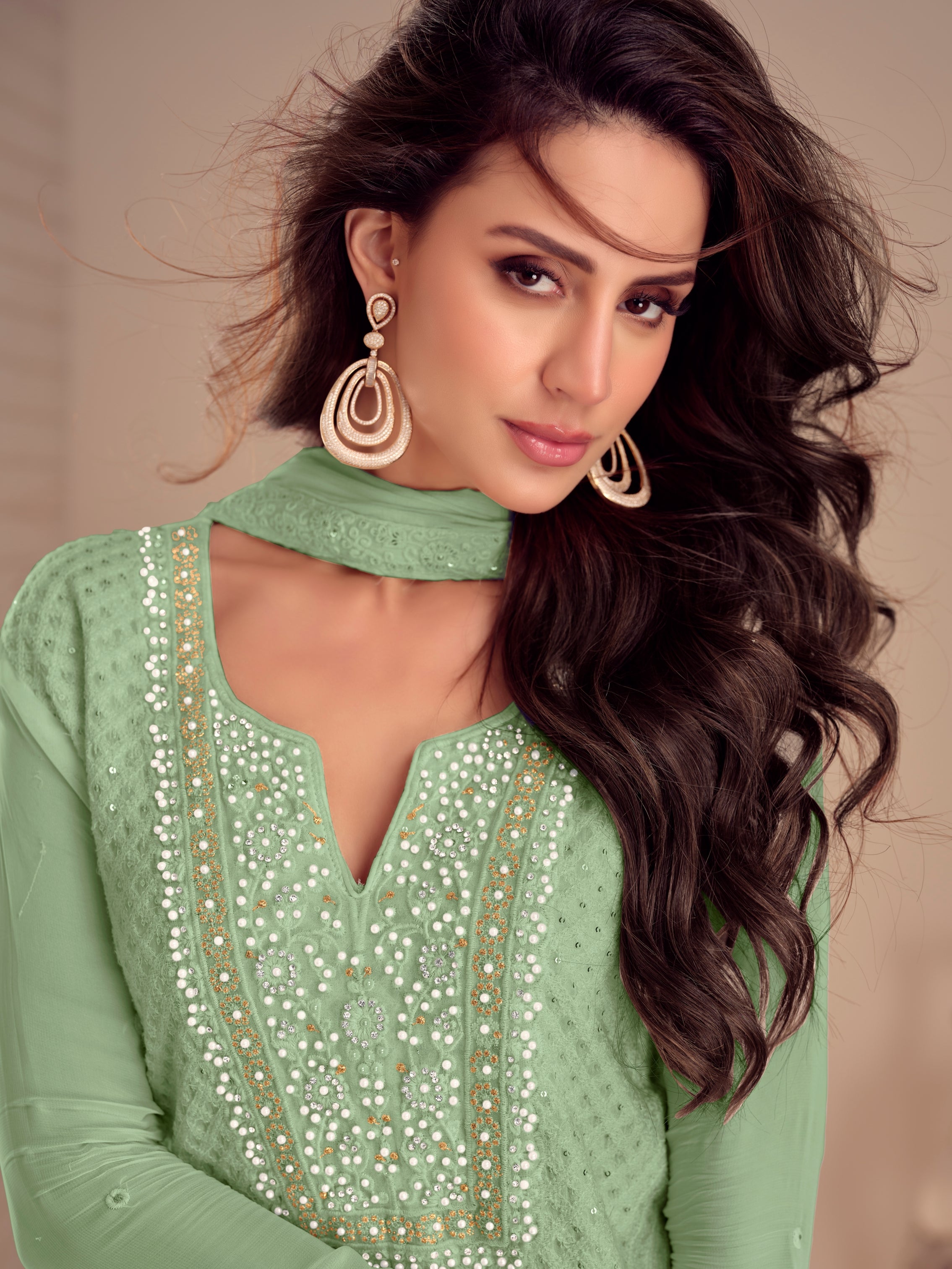 Pastel Green Embroidered Georgette Palazzo Suit