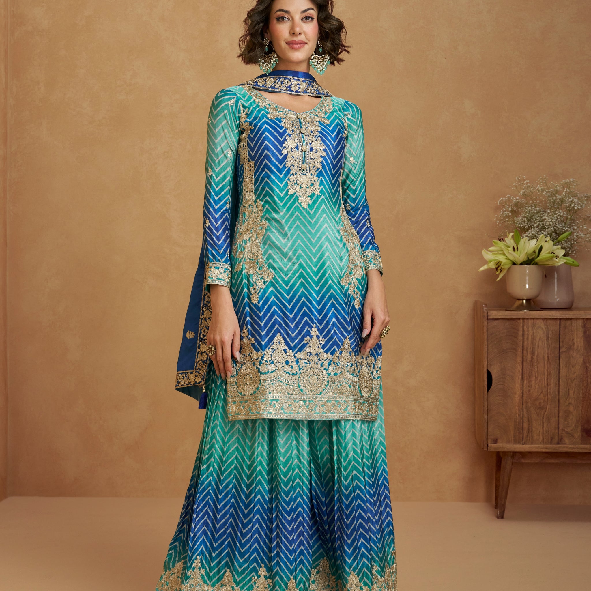 Royal Blue & Green Ombre Chinnon Silk Palazzo Suit
