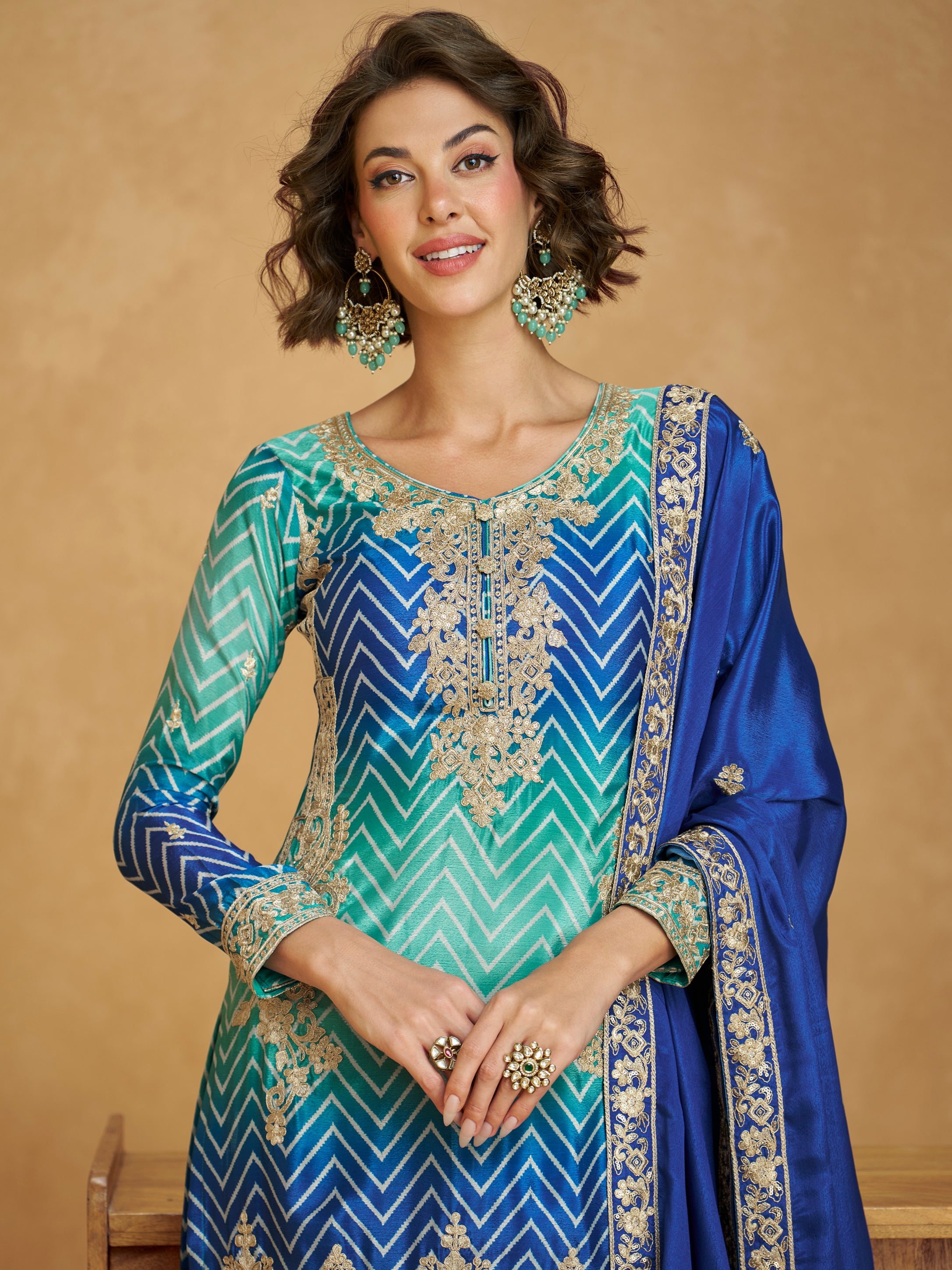 Royal Blue &amp; Green Ombre Chinnon Silk Palazzo Suit