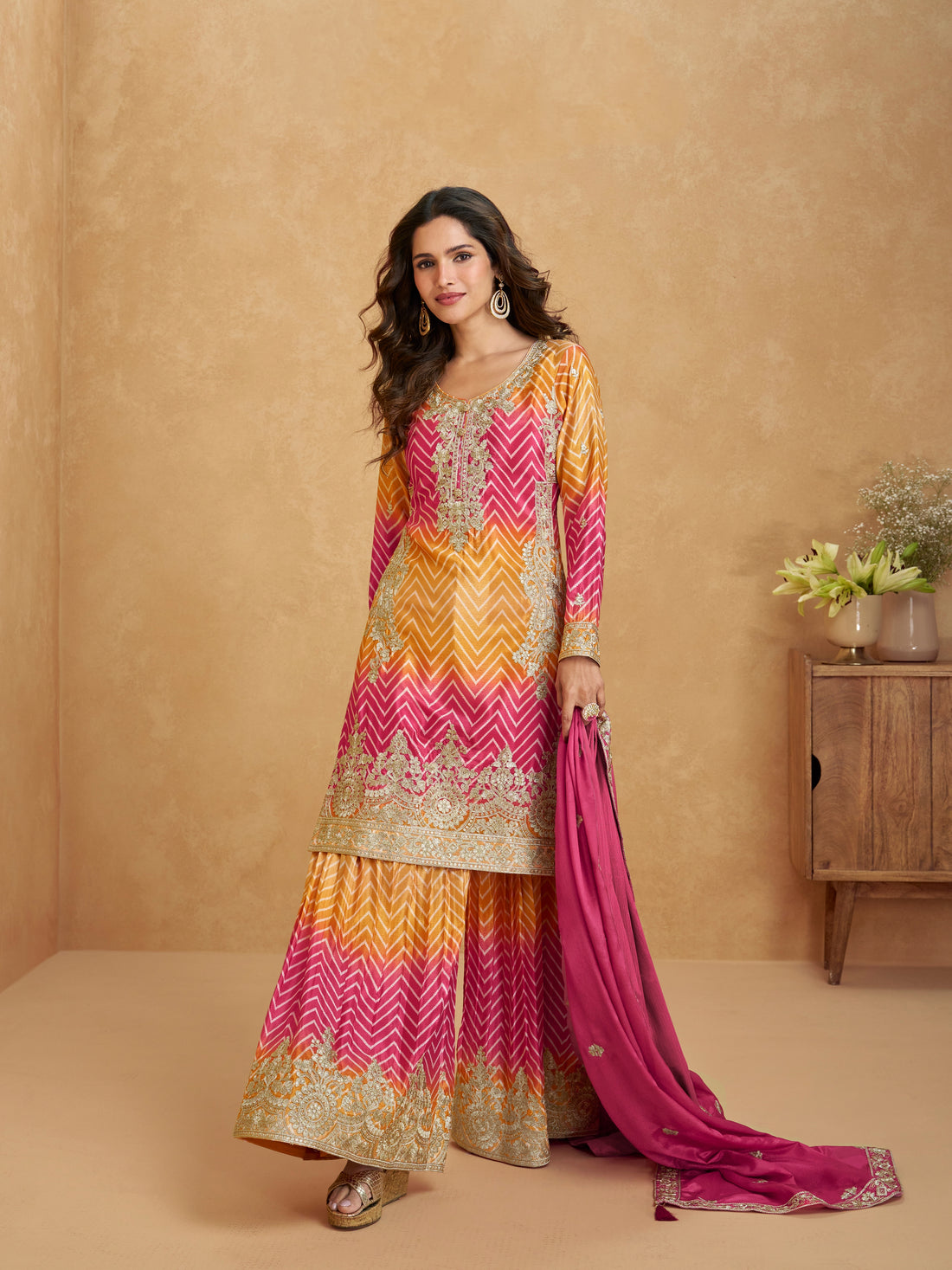Yellow &amp; Magenta Ombre Chinnon Silk Palazzo Suit