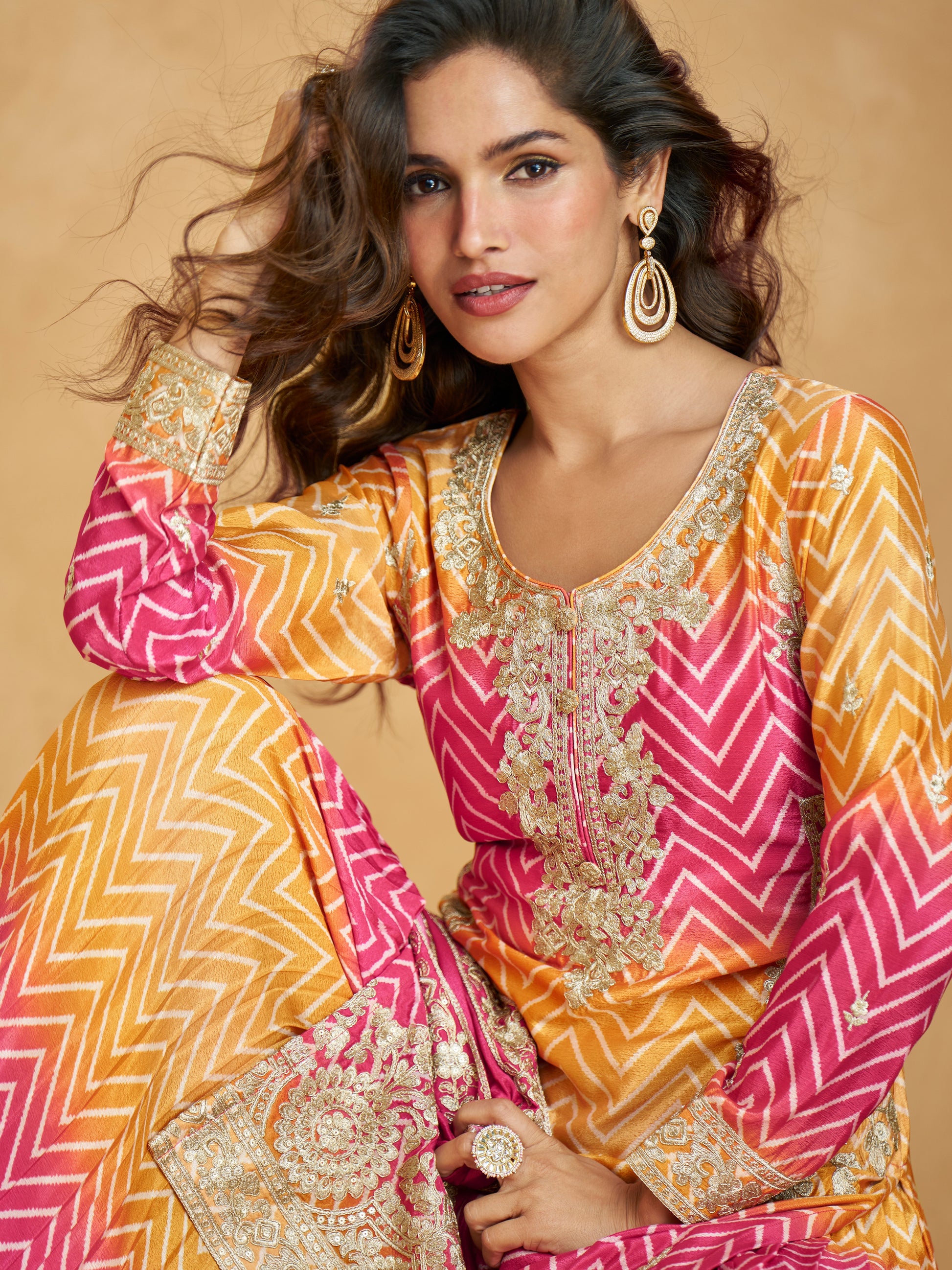 Yellow & Magenta Ombre Chinnon Silk Palazzo Suit