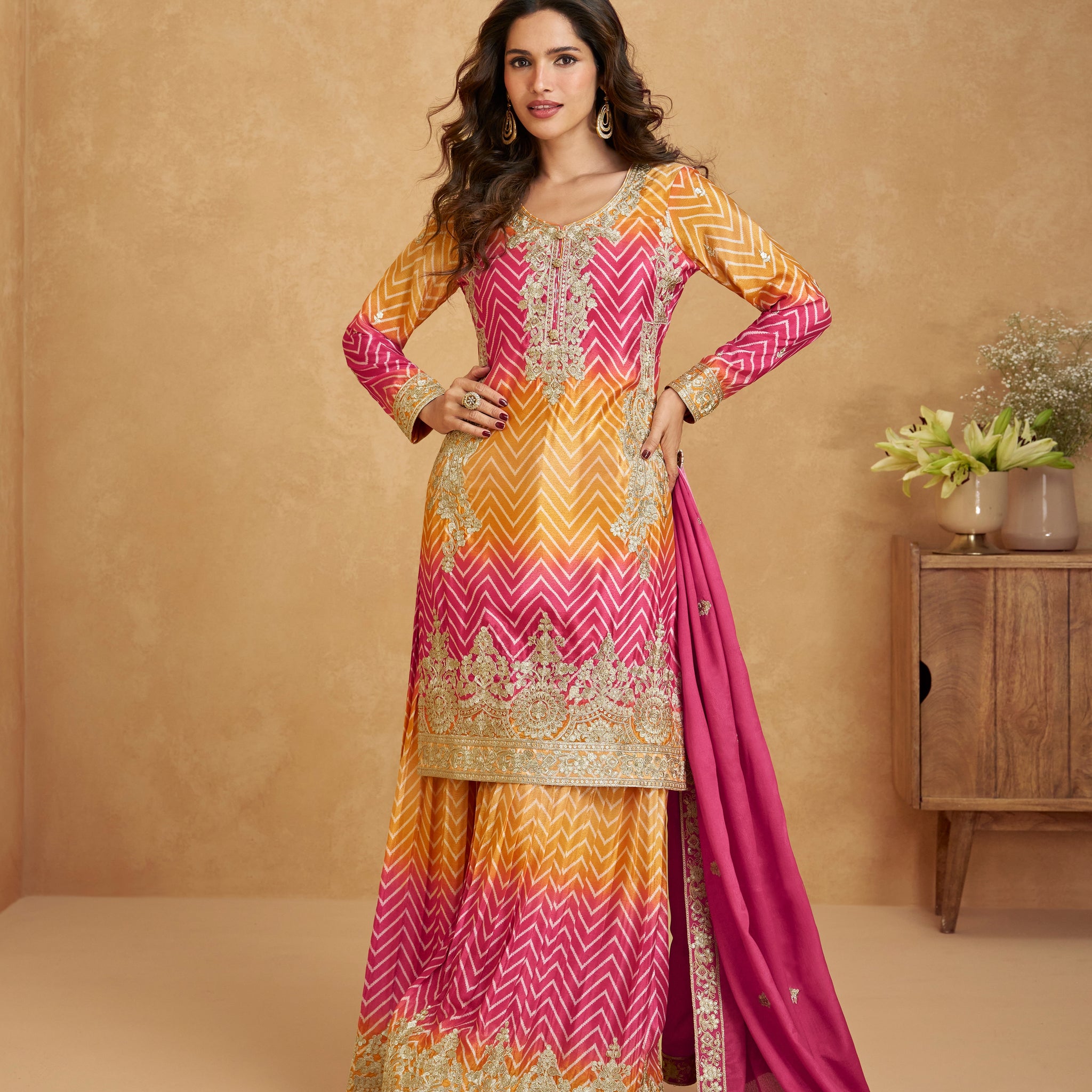 Yellow & Magenta Ombre Chinnon Silk Palazzo Suit