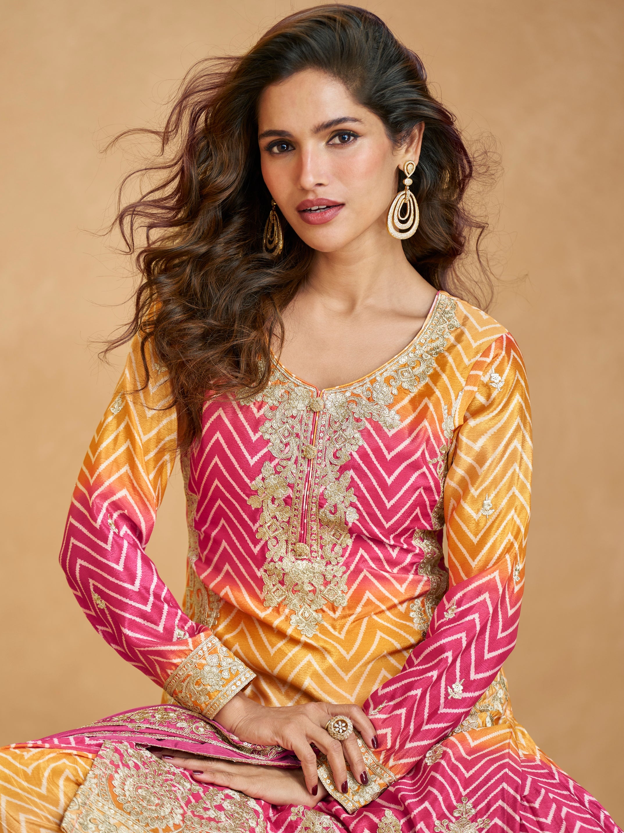 Yellow & Magenta Ombre Chinnon Silk Palazzo Suit